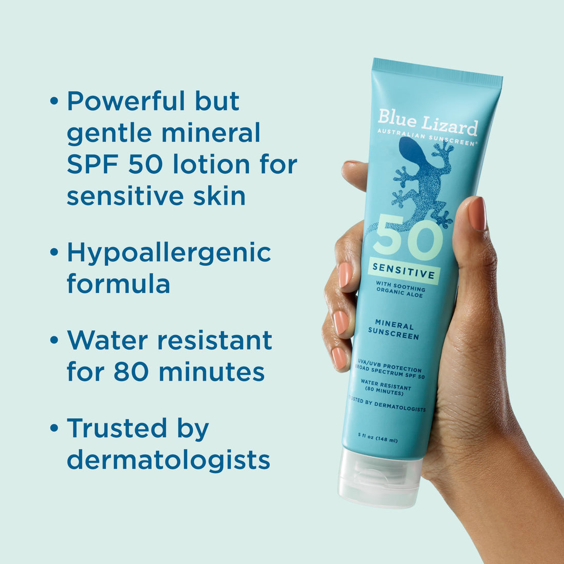 Blue Lizard Sensitive Mineral SPF 50 Sunscreen Lotion, 100% Mineral Sunscreen, UVA/UVB Protection, Infused with organic Aloe Vera, Soothes and Hydrates, 5 fl oz Halalzen