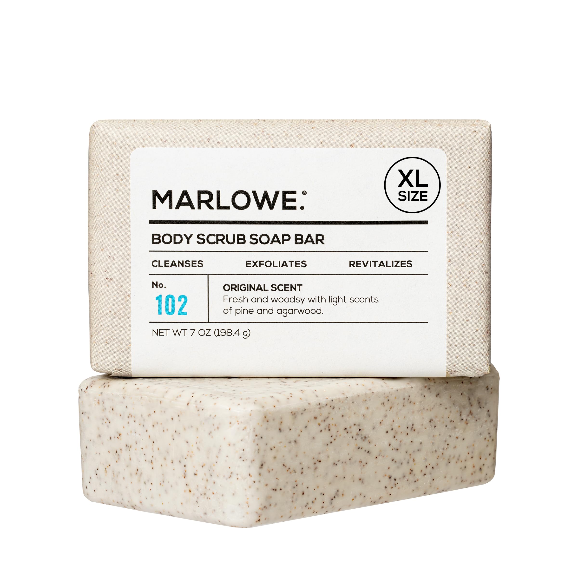 MARLOWE. No. 102 Body Scrub Soap 7 oz, Cedarwood & Sea Salt, Exfoliating Soap Bar with Shea Butter, Olive Oil & Green Tea Extracts, Cleanses, Smooths & Revitalizes Skin, Fresh & Zesty Scent