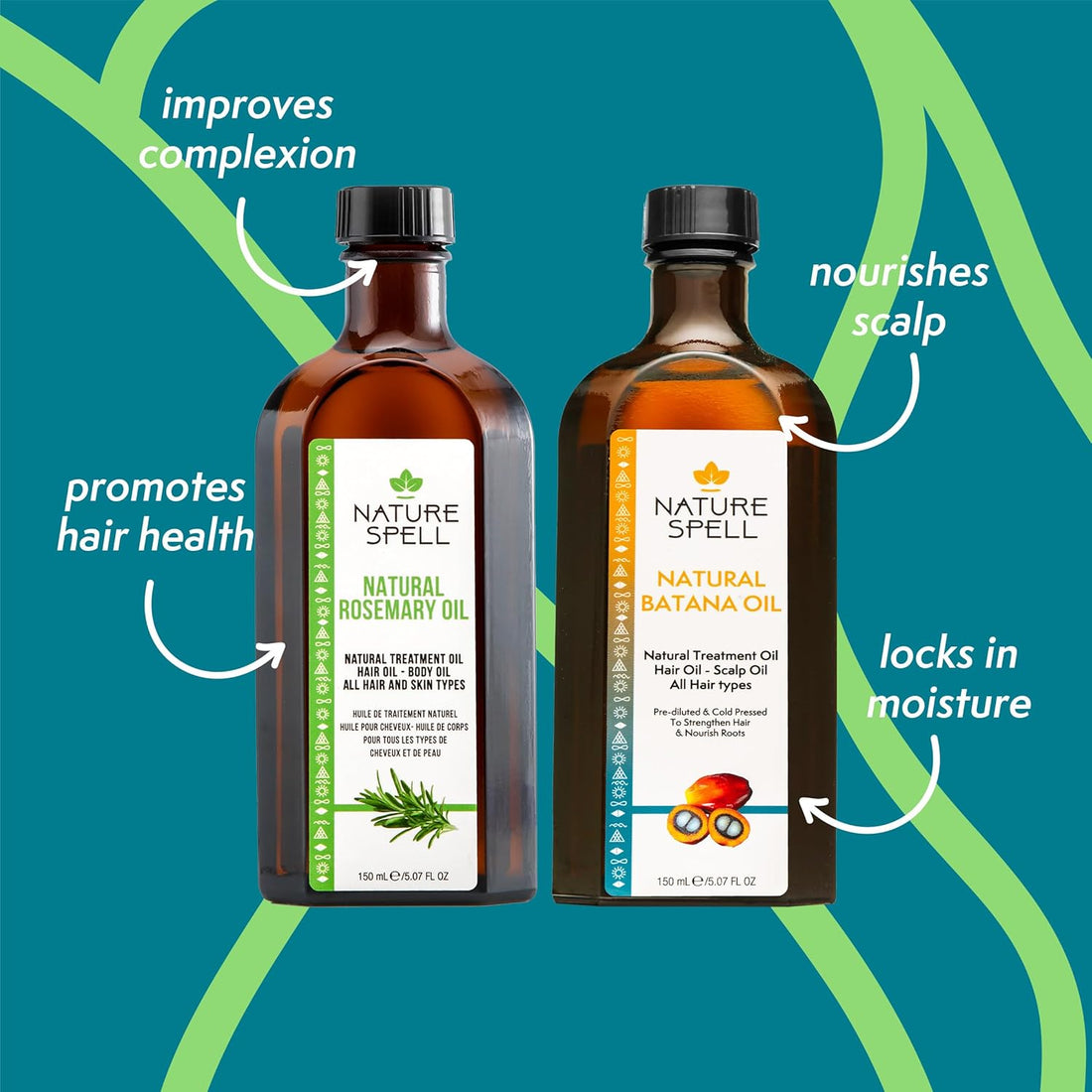 Nature Spell Hair Growth Duo with Rosemary & Batana Oils, Pre-Diluted Oil Set to Promote Growth & Strengthen Dry, Damaged Strands, For All Hair Types, Vegan, Pack of 2, 150ml Each