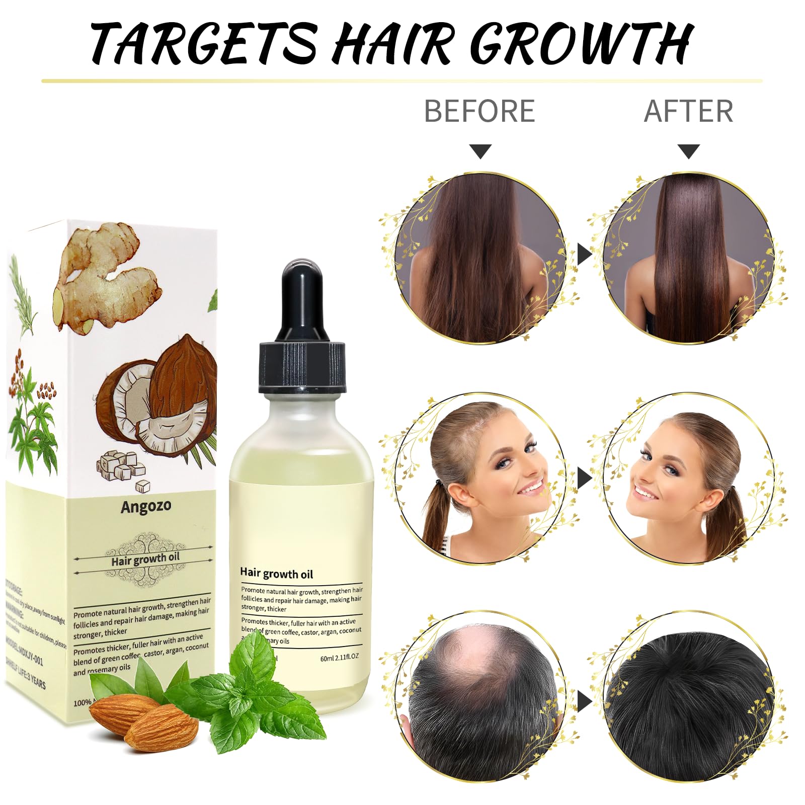 Veganic Hair Oil,100% Natural Growth With Caffeine,Biotin,Coconut,Macadamia,Rosemary and Castor for Growth,Thickening Hair Mask & Loss Treatment,60ml