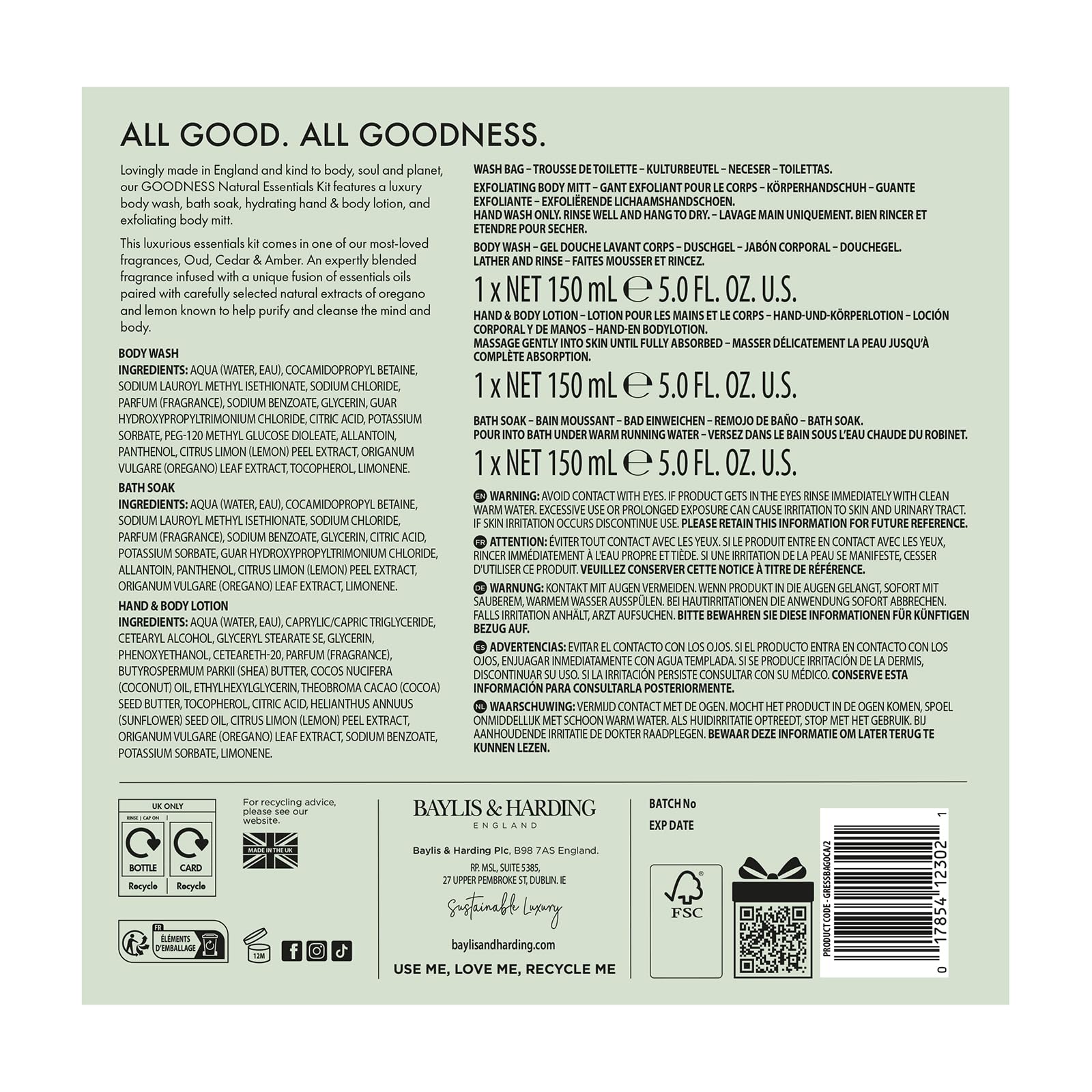 Baylis & Harding Goodness Oud, Cedar and Amber Body Wash, 500 ml (Pack of 3) - Vegan Friendly
