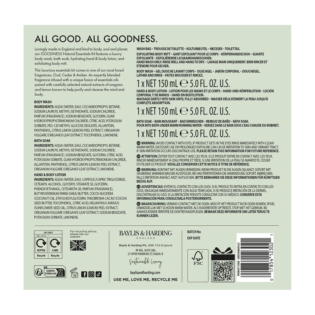 Baylis & Harding Goodness Oud, Cedar and Amber Body Wash, 500 ml (Pack of 3) - Vegan Friendly