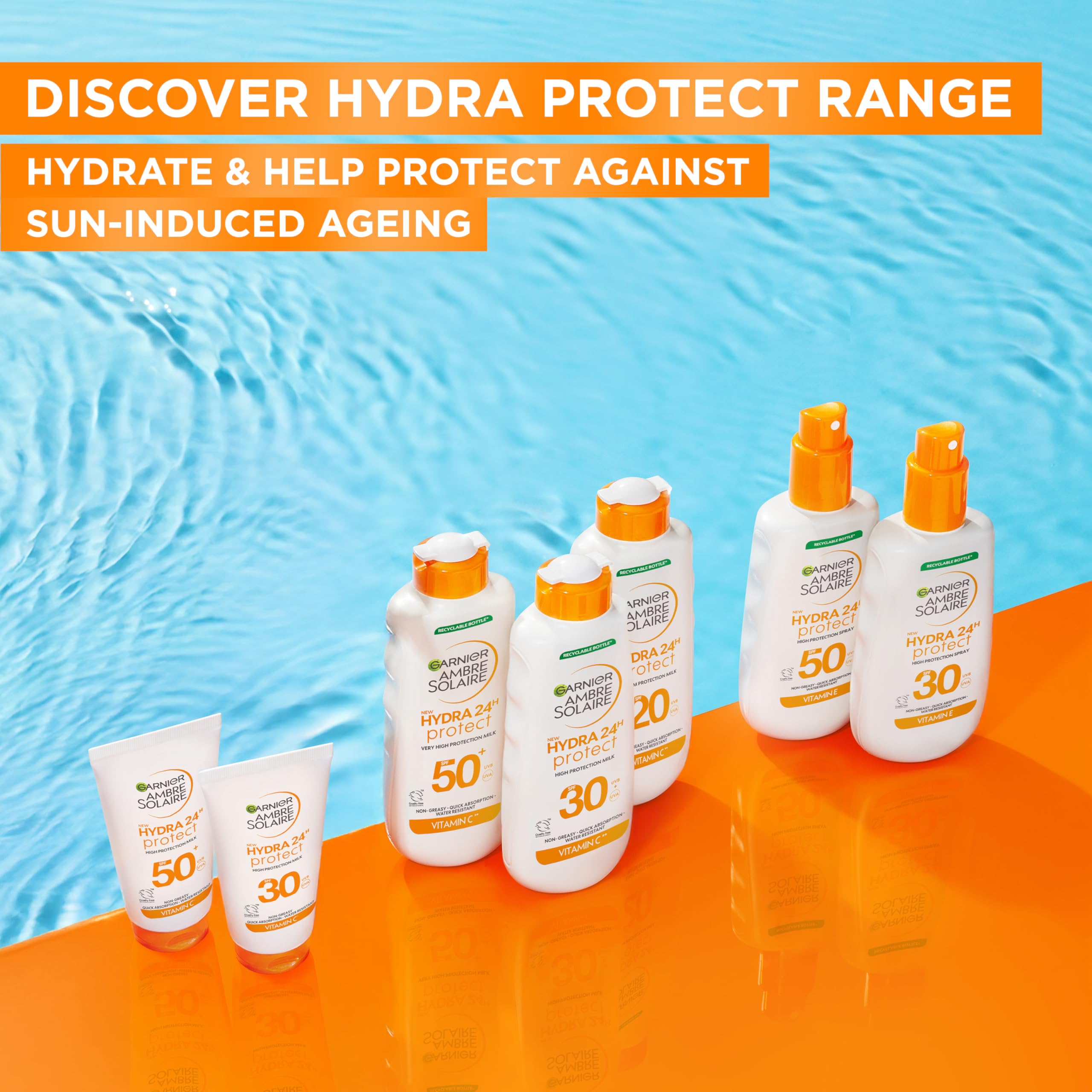 Garnier Ambre Solaire Sun Cream SPF 30 Hydra 24 Hour Protect High Protection UVB & UVA Hydrating Sun Lotion, Enriched with Vitamin E, Water Resistant, Non-Greasy, Fast Absorbing 150ml