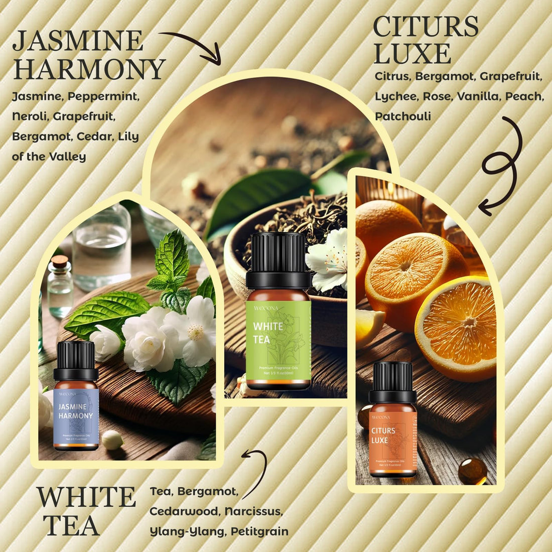 Premium Hotel Fragrance Oil Collection for Diffusers, Essential Oils for Diffusers for Home, Hotel Diffuser Fragrance Oils,Spa & Candle Making, White Tea, Citrus Luxe, Velvet Night and More - 6x10ml