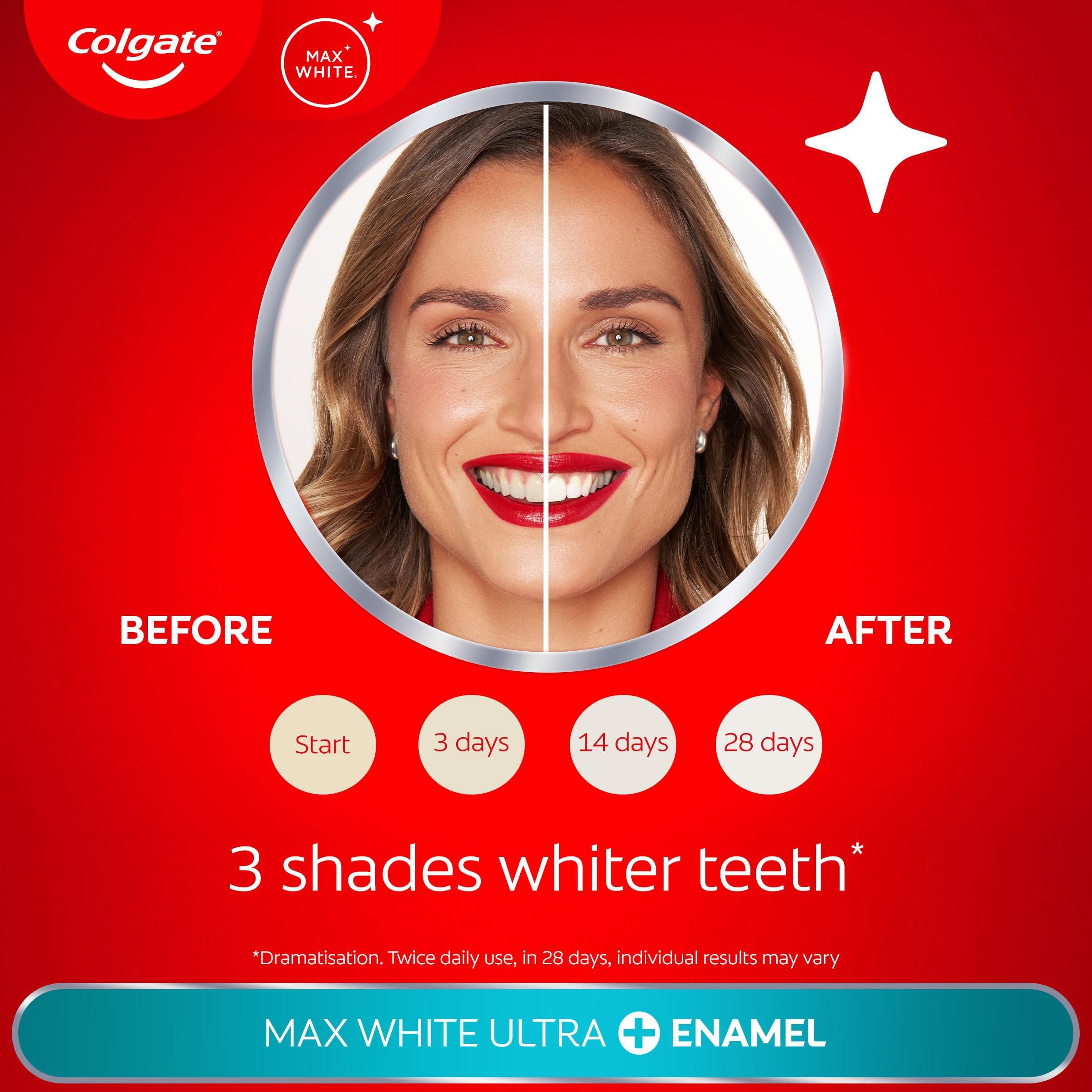 Colgate Max White Ultra+ Enamel Toothpaste 75ml, Whitens Deep Stains for 5X Whiter Teeth, ActiveShine Technology Smoothes Enamel Surface to Reflect Light, Protects and Remineralises Enamel