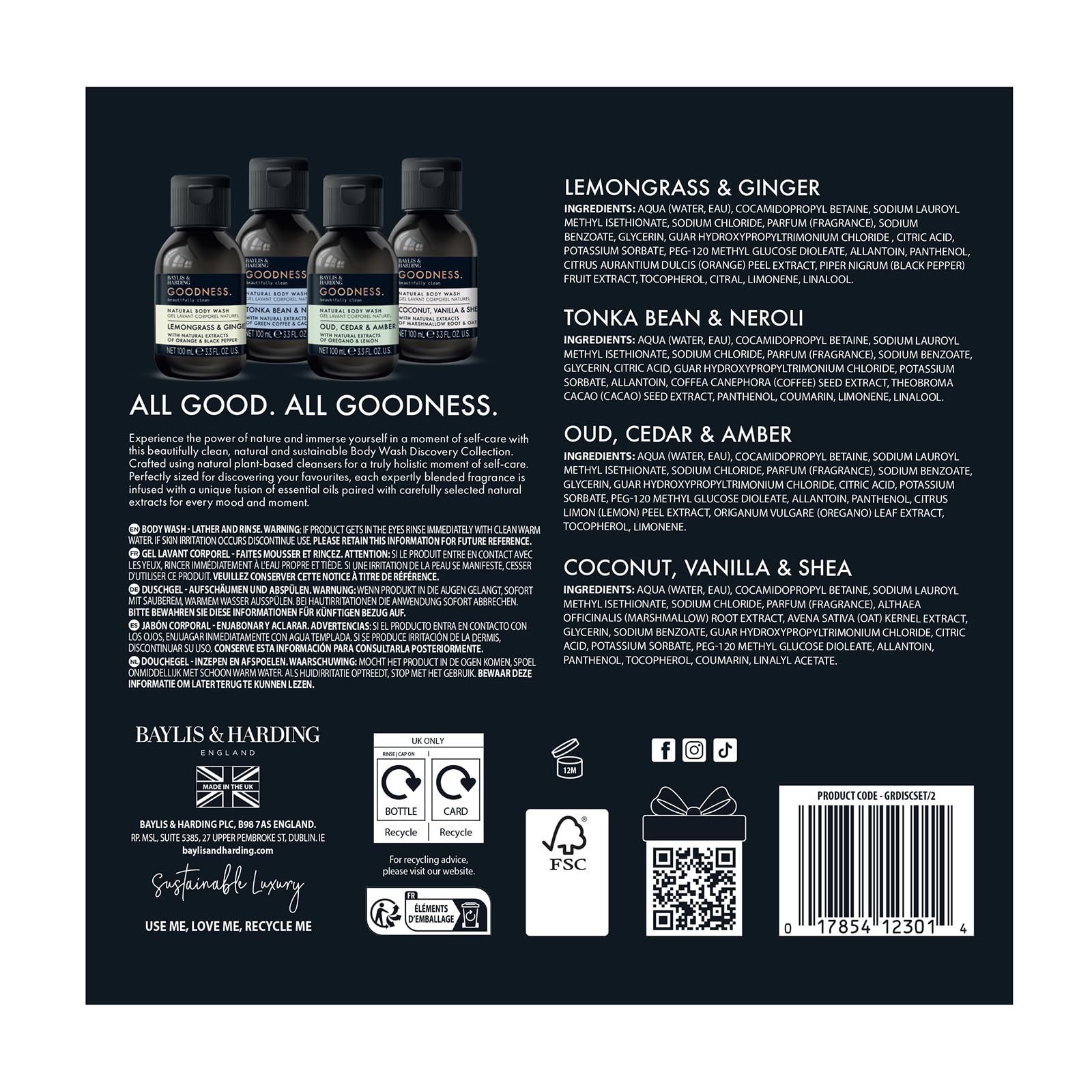 Baylis & Harding Goodness Oud, Cedar and Amber Body Wash, 500 ml (Pack of 3) - Vegan Friendly