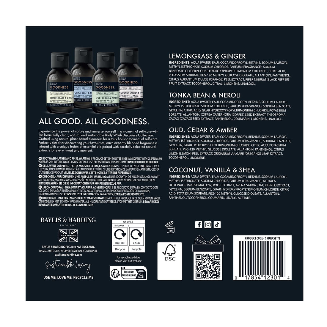 Baylis & Harding Goodness Oud, Cedar and Amber Body Wash, 500 ml (Pack of 3) - Vegan Friendly
