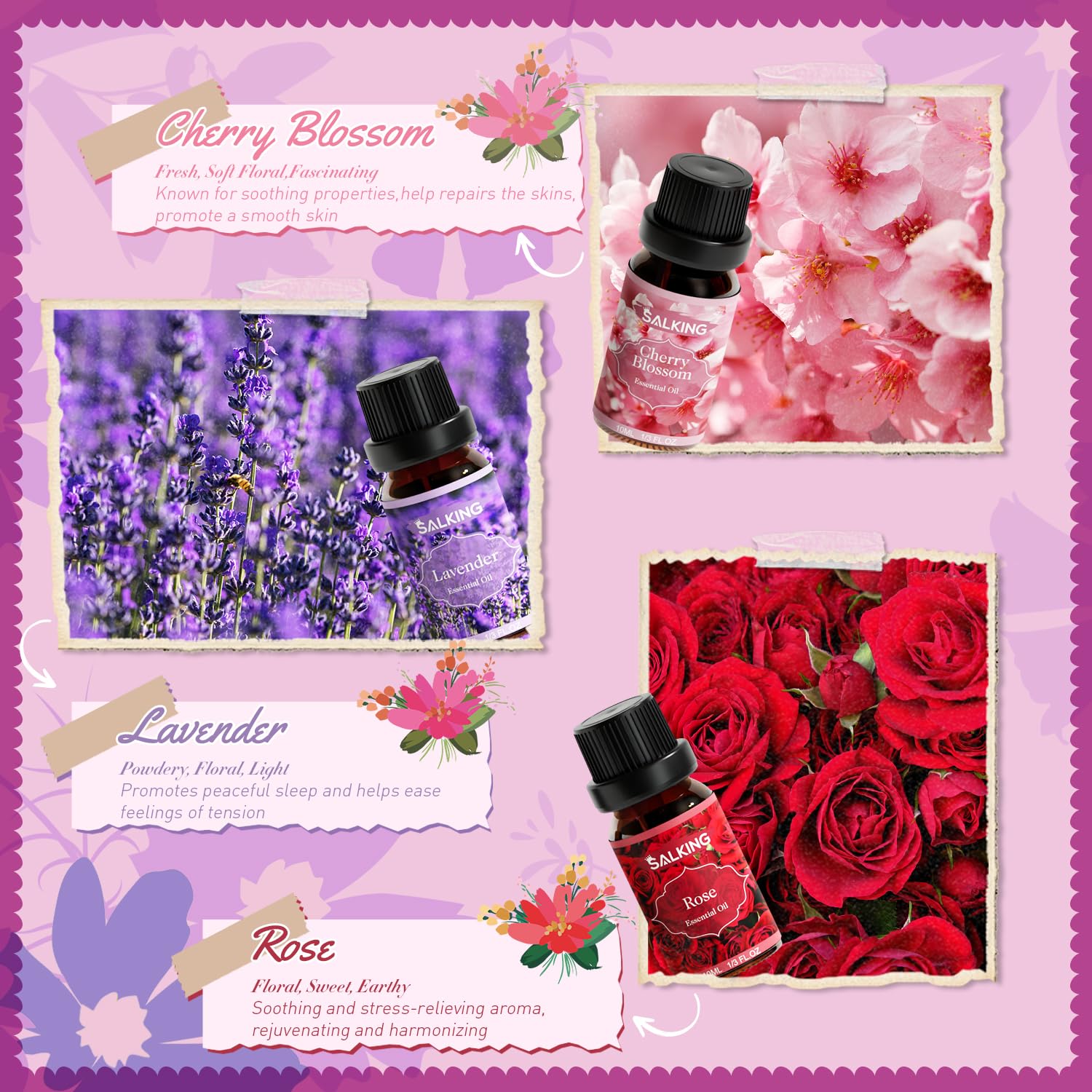 SALKING Essential Oils Set, 100% Pure Fragrance Oil AromatherapyGift, Premium Scented Oils for Diffusers 6 x 10 ML - Lavender, Rose, Jasmine, Cherry Blossom, Gardenia, Chamomile, Pink