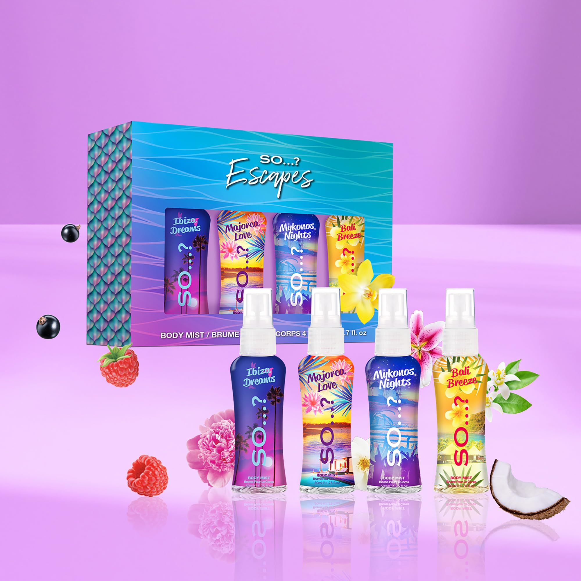 So…? Escapes Womens Gift Set, with Ibiza Dream, Bali Breeze, Mykonos Nights & Majorca Love, Fragrance Spray Set (4 x 50ml) Halalzen
