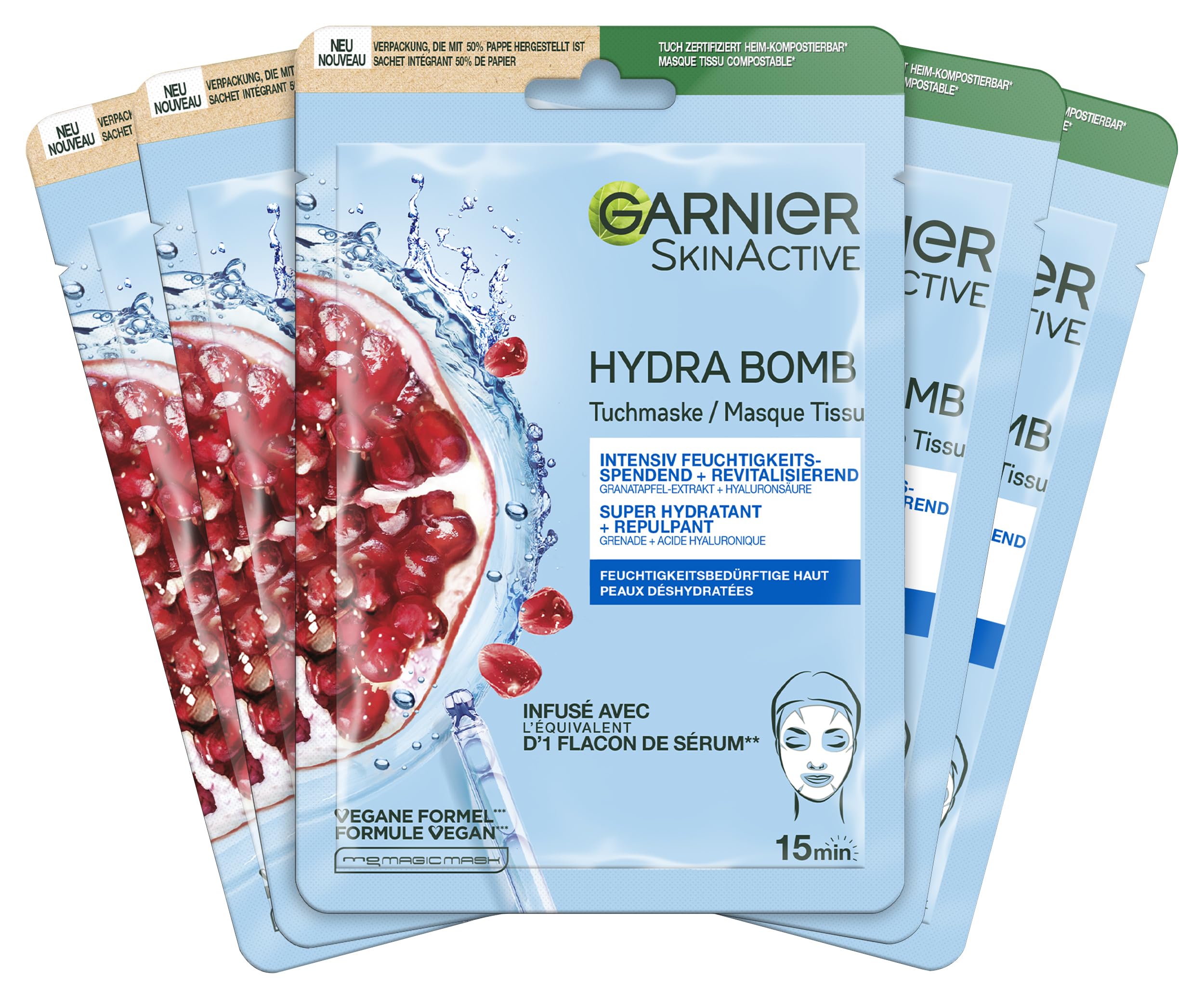 Garnier Moisture Bomb Pomegranate and Hyaluronic Acid Sheet Mask, Super Hydrating & Replumping Face Mask, For Dehydrated Skin, Vegan Tissue Mask, 28g