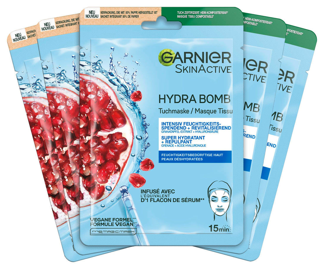 Garnier Moisture Bomb Pomegranate and Hyaluronic Acid Sheet Mask, Super Hydrating & Replumping Face Mask, For Dehydrated Skin, Vegan Tissue Mask, 28g