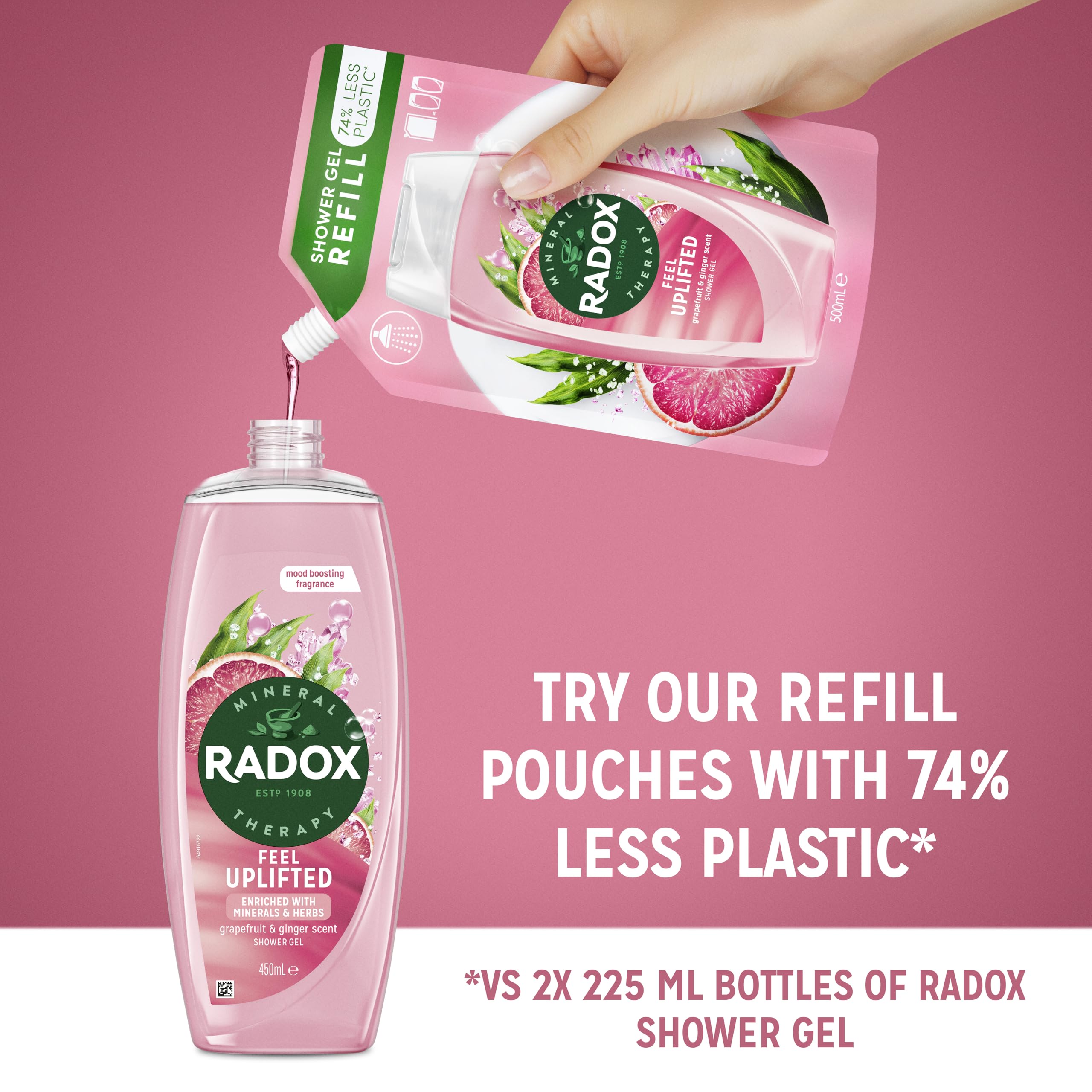Radox Mineral Therapy Feel Uplifted Shower Gel body wash uniquely blended with minerals, herbs and a grapefruit & ginger scent for a mood-boosting experience 225 ml