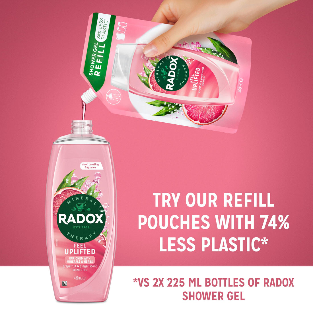 Radox Mineral Therapy Feel Uplifted Shower Gel body wash uniquely blended with minerals, herbs and a grapefruit & ginger scent for a mood-boosting experience 225 ml