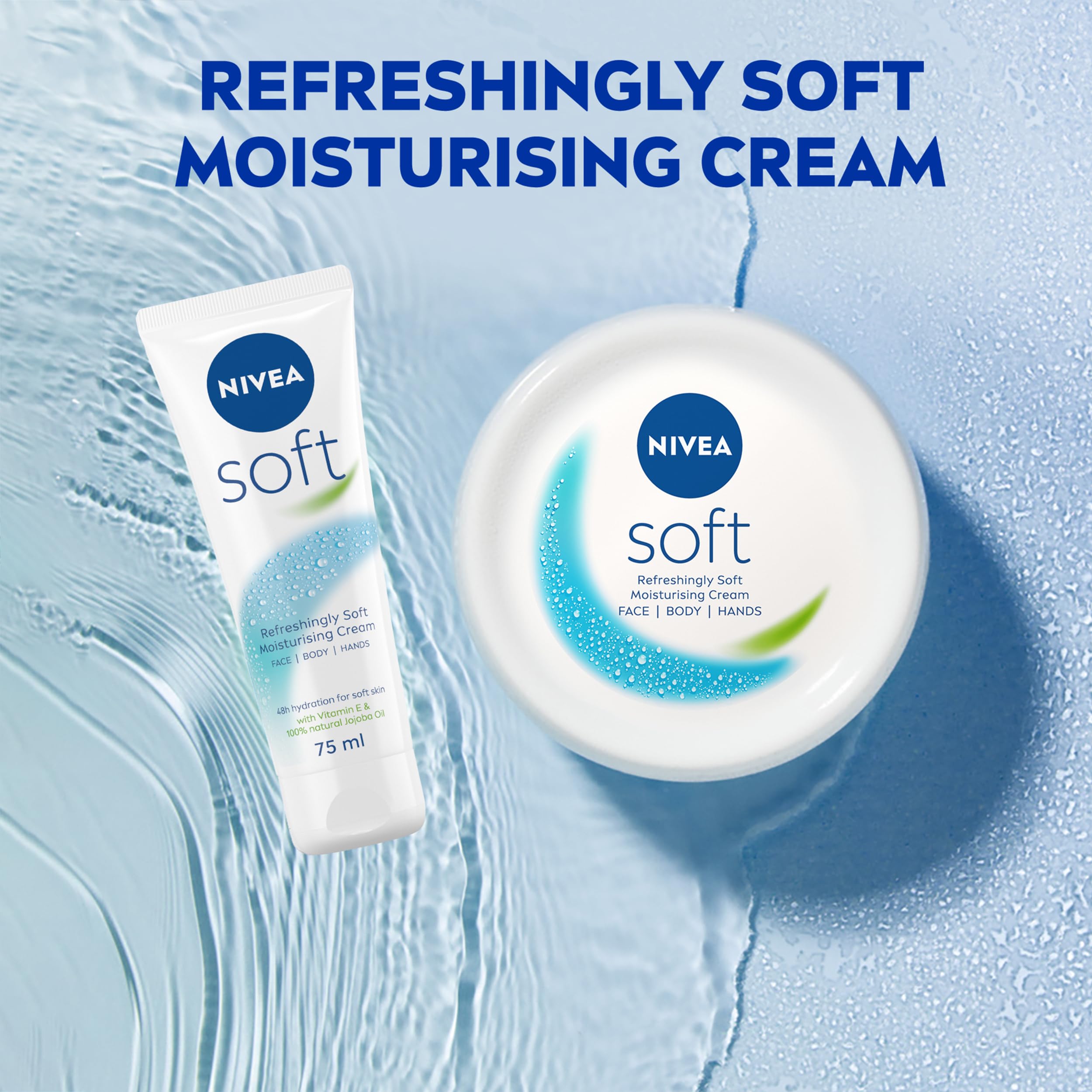 NIVEA Soft Moisturising Cream (75ml), 48H Moisturising Cream for Face, Body and Hands with Vitamin E and Jojoba Oil, Hand Lotion Moisturises Deeply, Vegan Formula Day Moisturiser