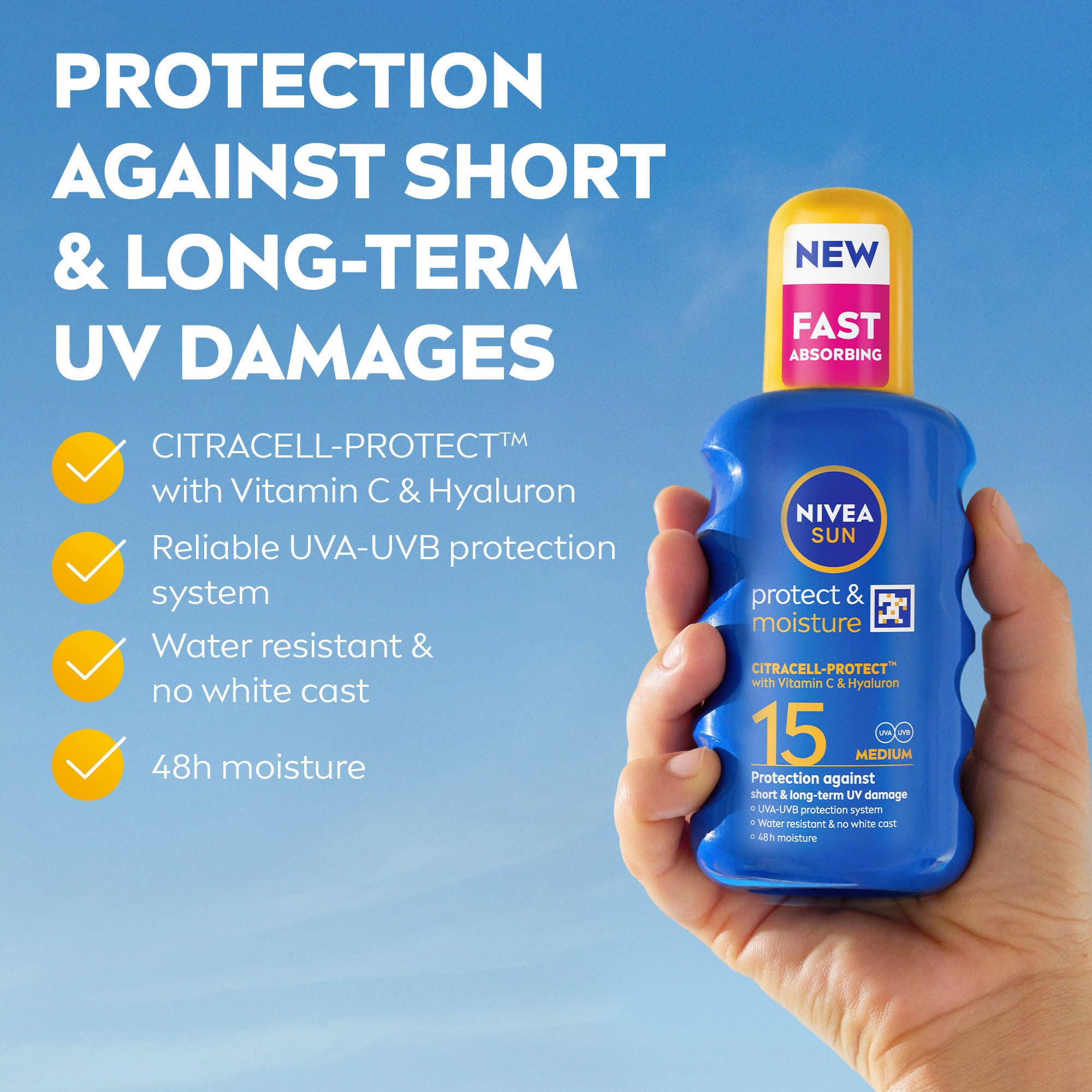 NIVEA SUN Protect & Moisture Sun Spray SPF 50+ (200ml), Moisturising Suncream Spray with Vitamin C and Hyaluron, Immediate UVA/UVB Protection, Fast-Absorbing No White Cast Formula