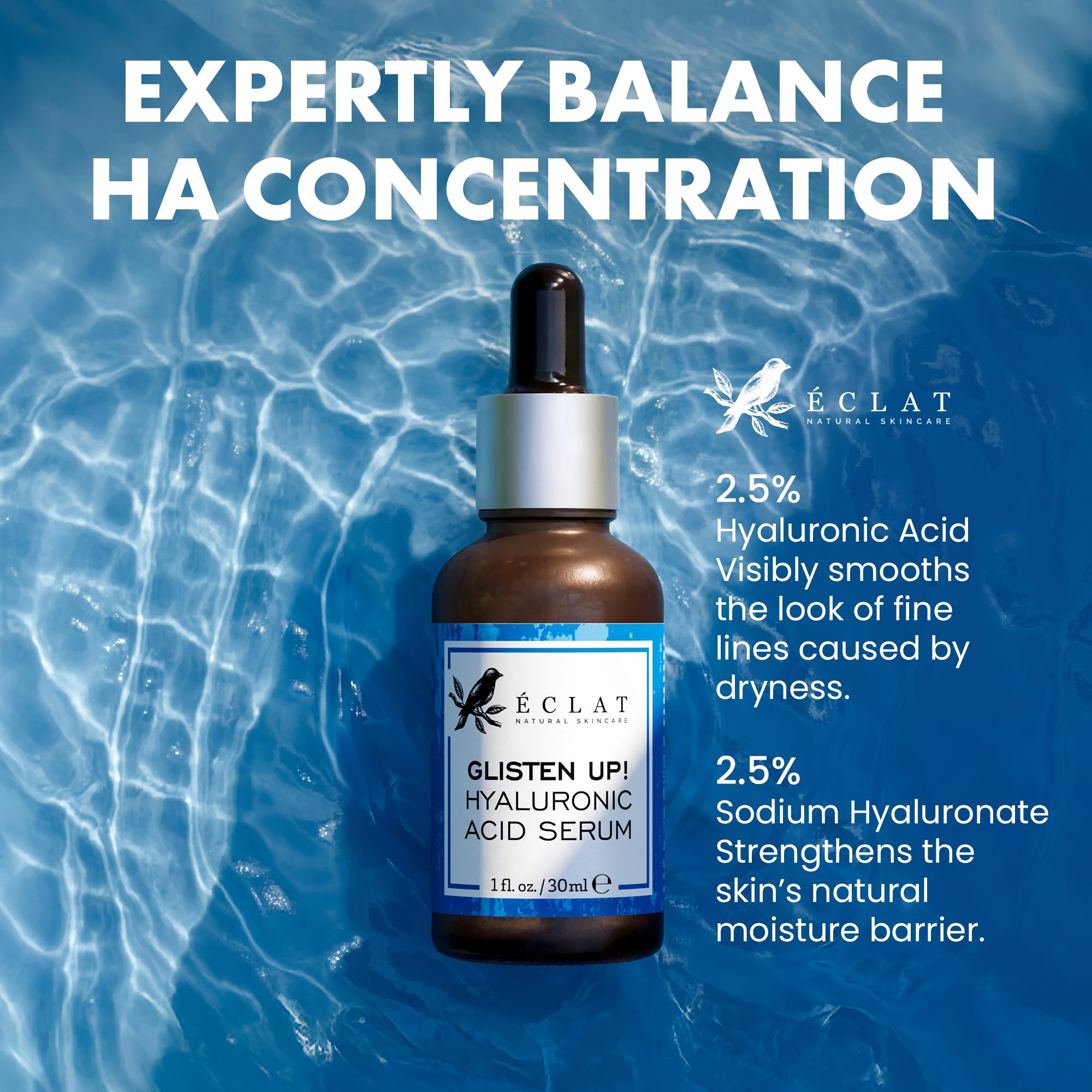 Eclat Skincare Hyaluronic Acid Serum for Face – 2.5% Hyaluronic Acid + 3% B5, Vitamin C & E - Hydrating Anti Aging & Anti Wrinkle Face Serum - Moisturizing & Plumping Formula for Smooth Skin 30 ml