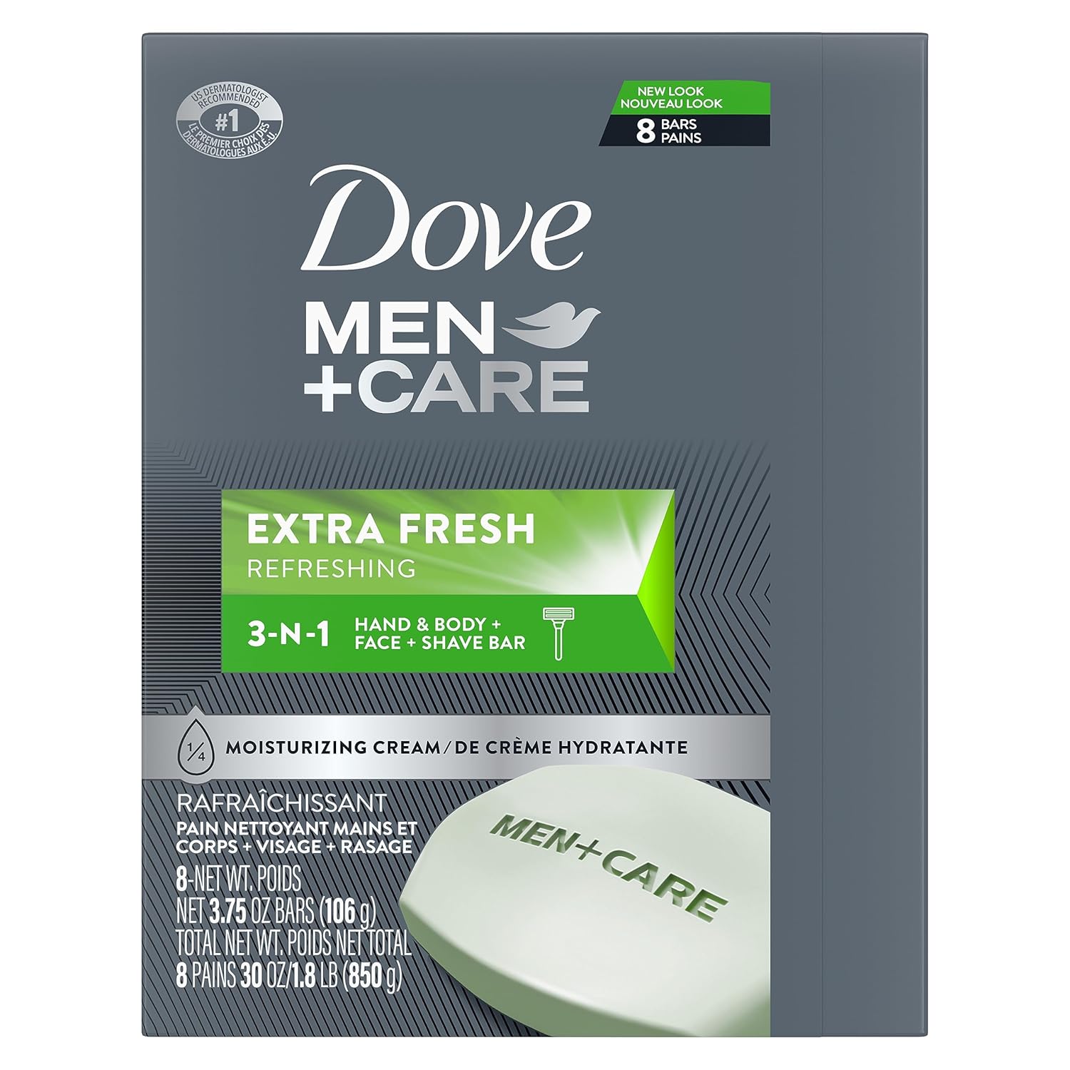 DOVE MEN + CARE Pain Nettoyant 3 en 1 Corps, Visage et Rasage Extra Frais Plus Hydratant Qu'un Pain de Savon Traditionnel pour Nettoyer et Hydrater la Peau 106 g (Lot de 8)