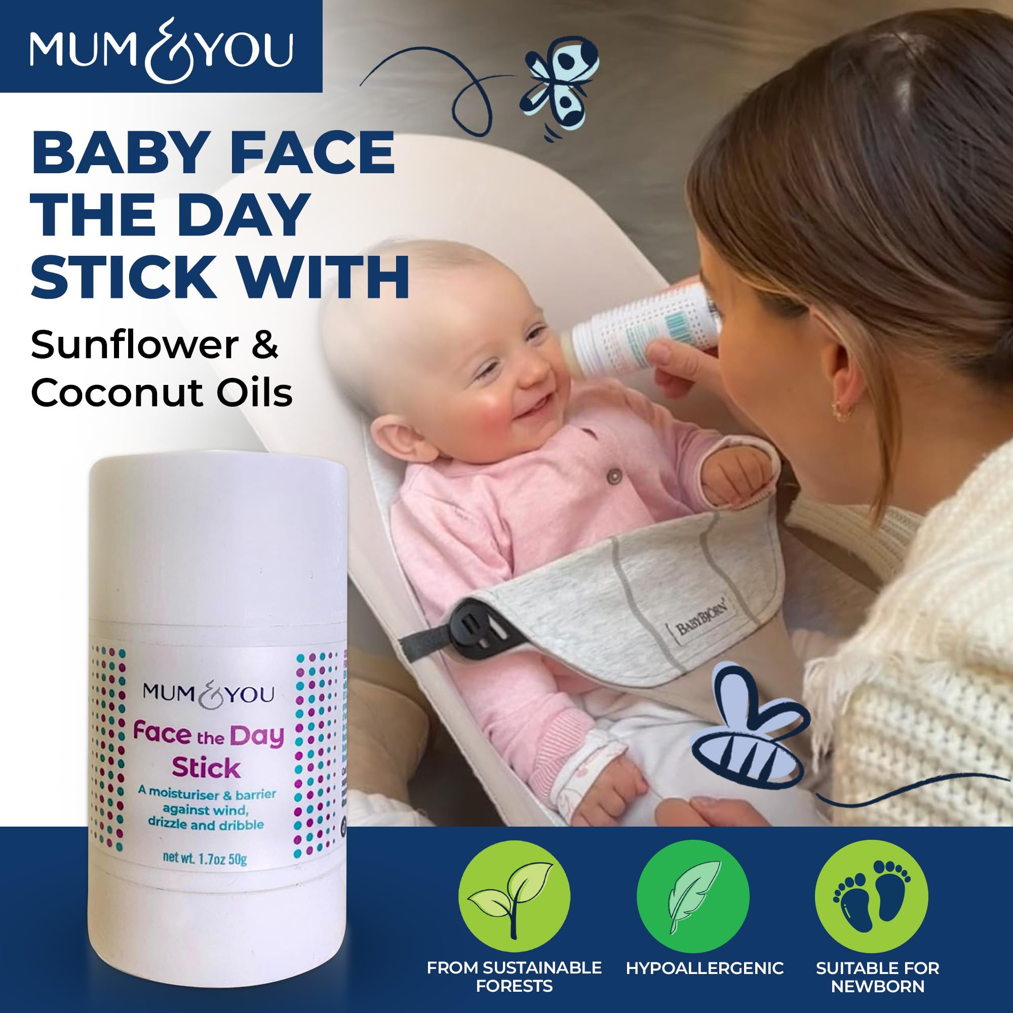 Mum & You Baby Face the Day Stick – Natural baby Moisturiser with Sunflower, Coconut Oil & Shea Butter, Soothes Eczema, Teething Protection, Dribble Rash & Protects Skin in Winter, Cold & Dry Weather