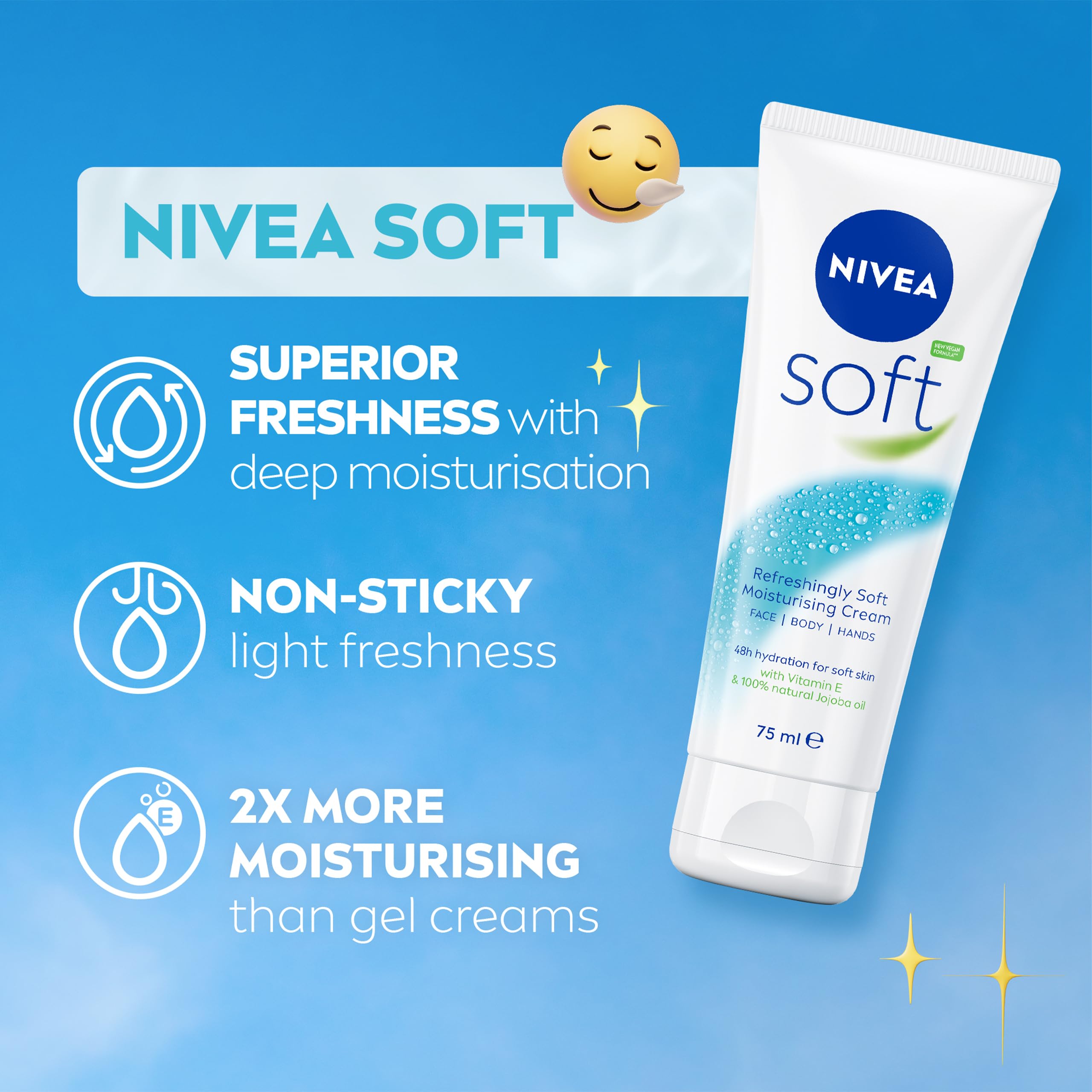 NIVEA Soft Moisturising Cream (75ml), 48H Moisturising Cream for Face, Body and Hands with Vitamin E and Jojoba Oil, Hand Lotion Moisturises Deeply, Vegan Formula Day Moisturiser
