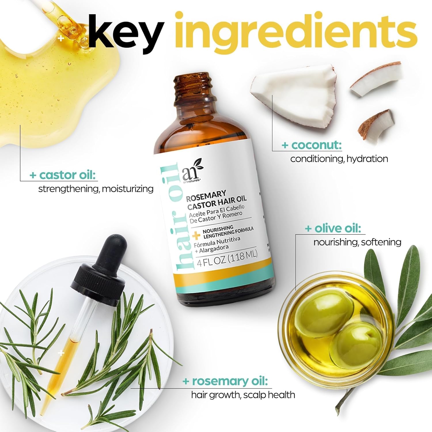 Artnaturals Organic Rosemary Castor Hair Oil + Massager Hair Growth Set Huile de croissance capillaire 120 ml avec huile de noix de coco et d'olive pour cheveux secs, abîmés et pointes fourchues
