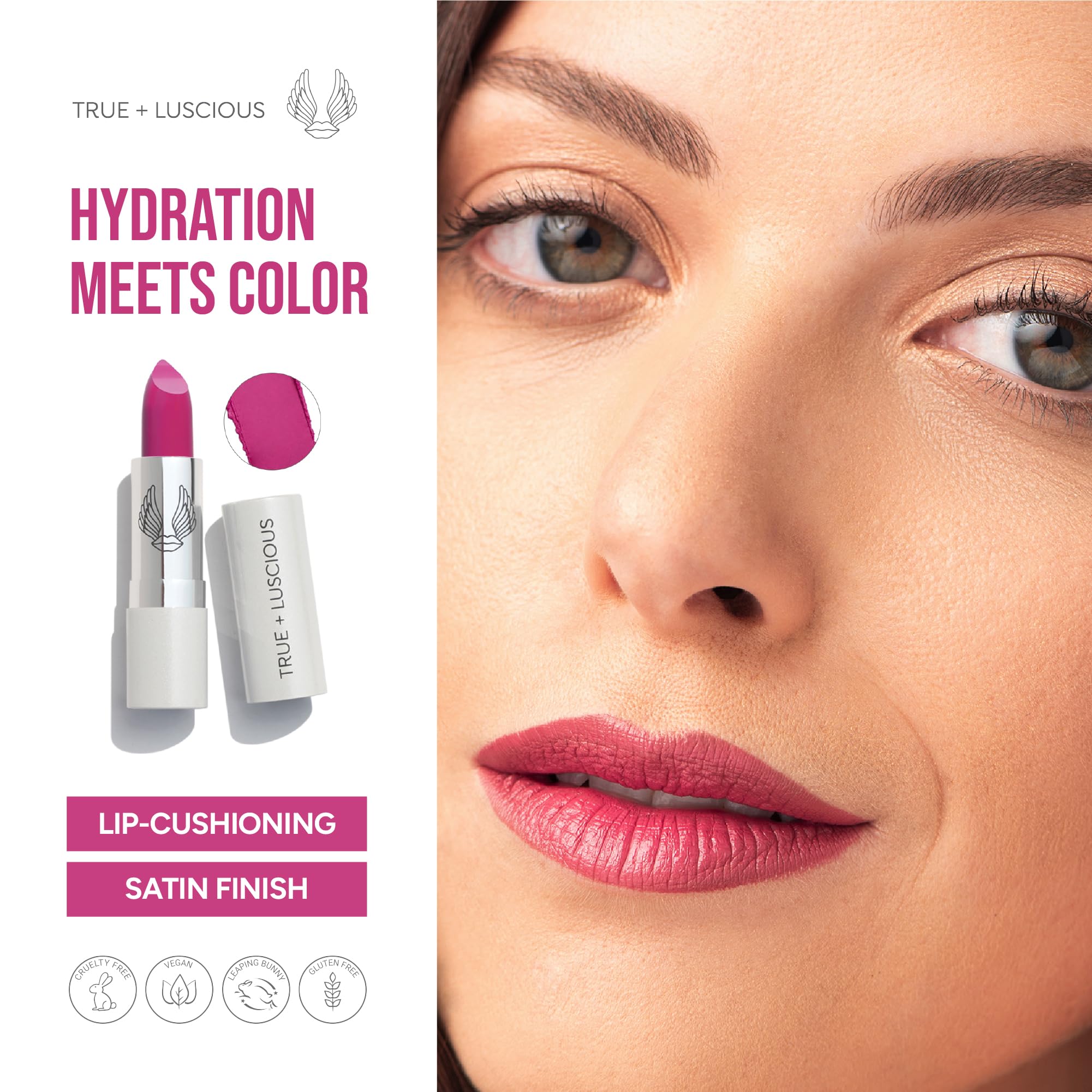 True + Luscious Super Moisture Lipstick | Sheer Cream Lip Color for Lasting Hydration | Hyaluronic Acid Konjac Root Powder | Vegan Cruelty-Free Gluten-Free Flatters All Skin Tones | Pink Sugar