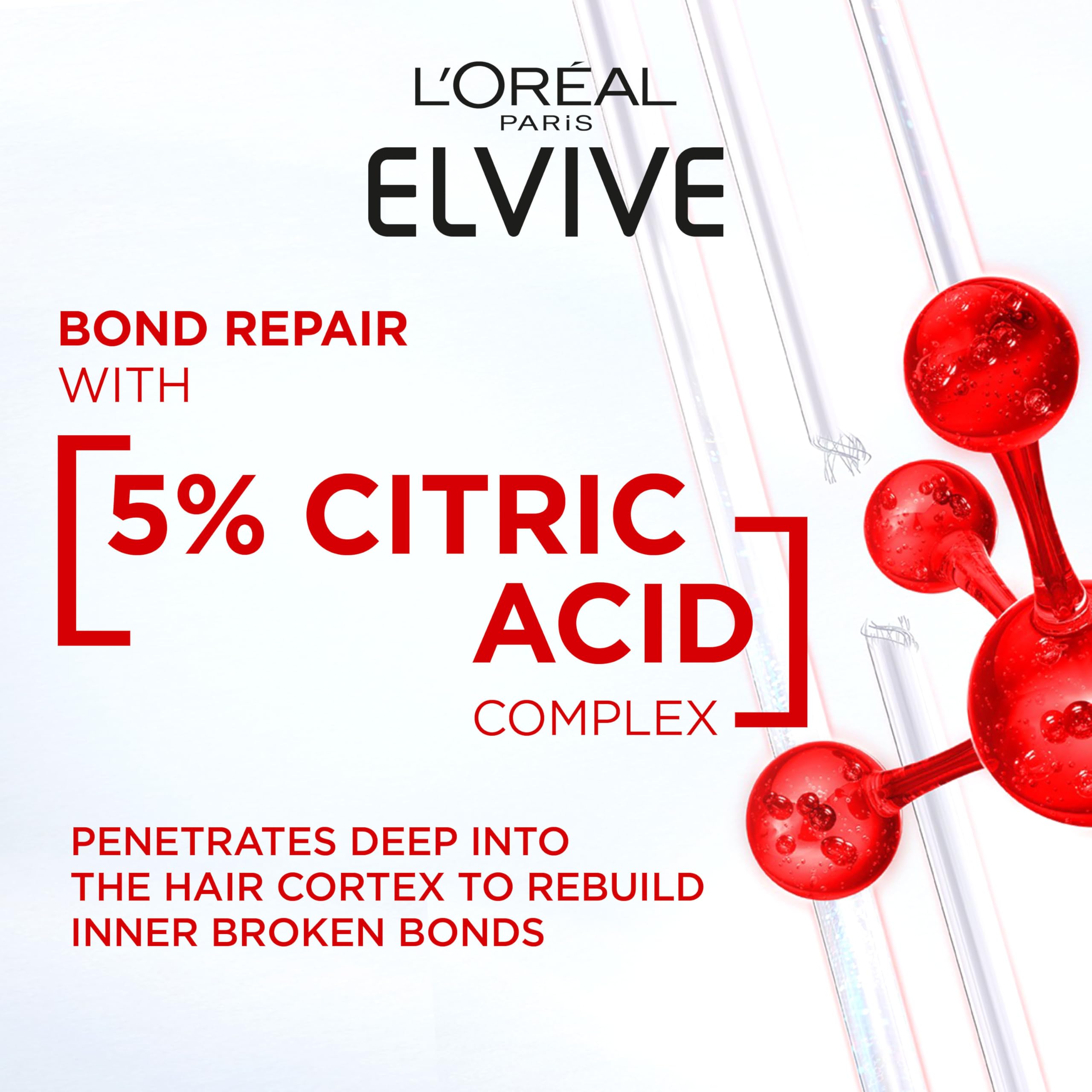 L'Oréal Paris Elvive Bond Repair Leave-In Serum, with Citric Acid Complex, for Stronger Hair, Heat Protection, 12x Less Split-Ends, 98% Stronger, 82% More Shine for Damaged Hair, 150ml
