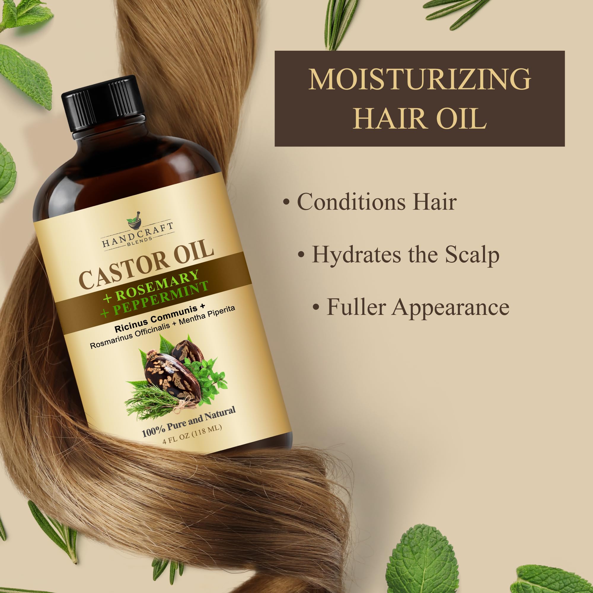 Handcraft Blends Castor Oil with Rosemary and Peppermint Oil 118 ml | 100% Pure and Natural | Premium Grade Carrier Oil | Hair, Eyelashes and Eyebrows | Hair and Body
