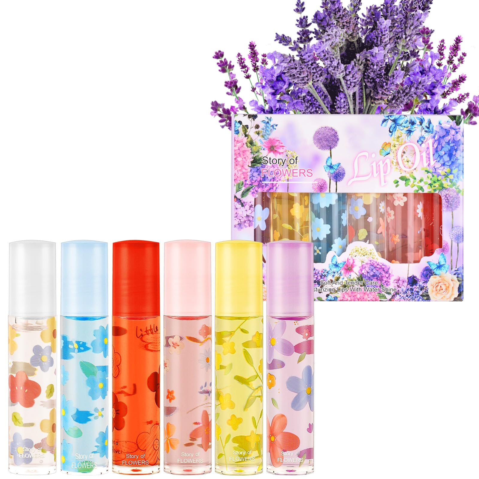 AOOWU 6 Pcs Hydrating Lip Oil Set, Fruit-Flavored Plumping Lip Oil, Long Lasting Lip Glow Balm Lip Care, Transparent Moisturizing No-Sticky Lip Gloss(Peaches,Orange,Avocado,Strawberry,Grape,Cherry)8ML