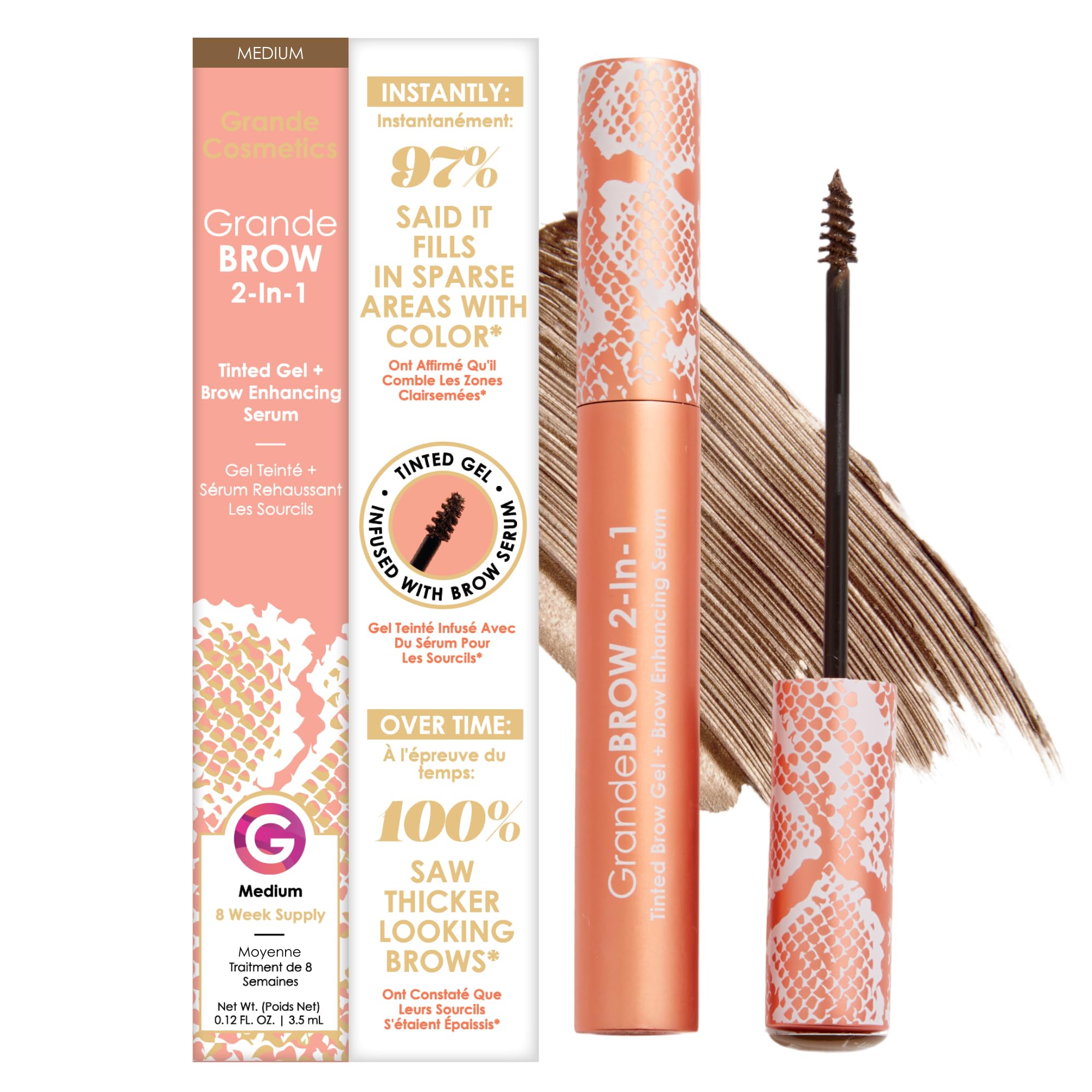 Grande Cosmetics GrandeBROW 2-in-1 Tinted Brow Gel + Brow Enhancing Serum for Thicker & Darker-Looking Eyebrows, Shape & Fill Brows, Long Wear, with Castor Oil & Mini Fibers