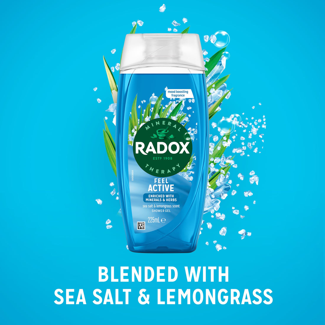 Radox Mineral Therapy Feel Active Body Wash Shower Gel uniquely blended with herbs, minerals, and a sea salt & lemongrass fragrance for a refreshing experience 225 ml, Pack of 6