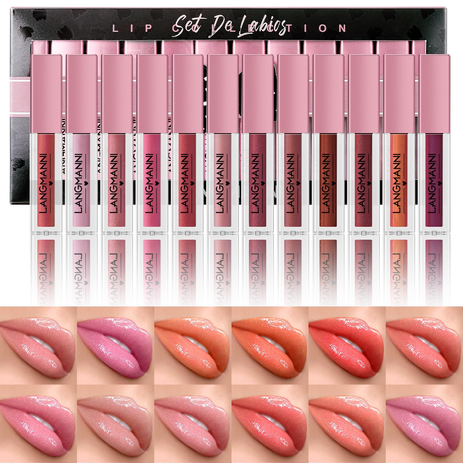 LANGMANNI 12Pcs Lip gloss Collection Makeup Set,Shiny Smooth Soft Liquid Lip Glosses Lip Stain With Rich Varied Colors For Girls And Women Makeup(Color-A) Halalzen