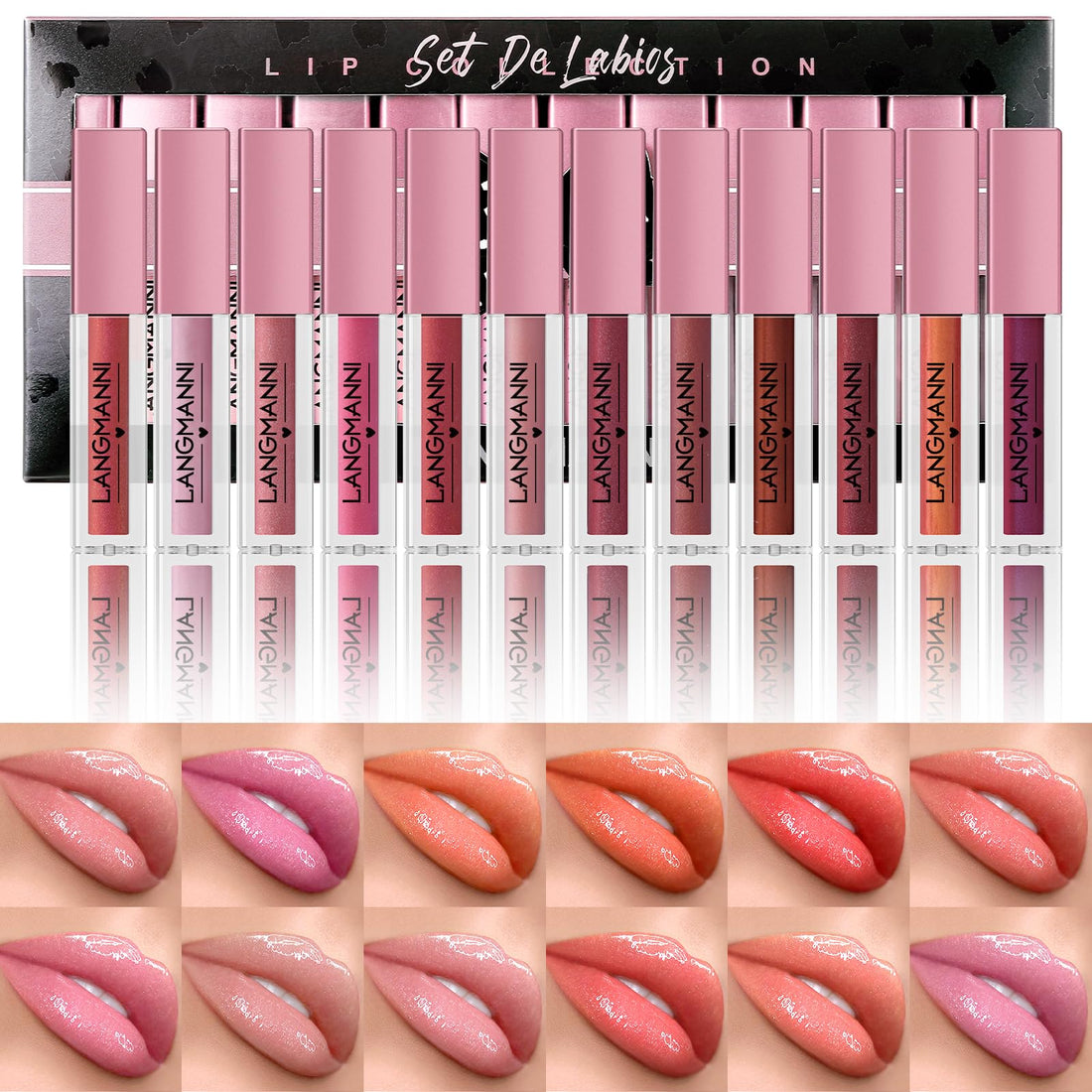 LANGMANNI 12Pcs Lip gloss Collection Makeup Set,Shiny Smooth Soft Liquid Lip Glosses Lip Stain With Rich Varied Colors For Girls And Women Makeup(Color-A) Halalzen