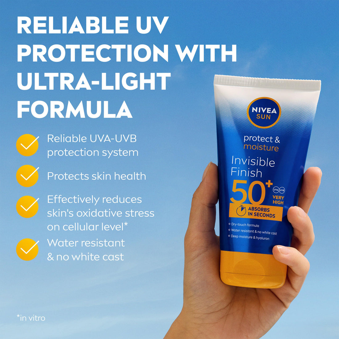 NIVEA SUN Protect & Moisture Invisible Finish Sun Cream SPF50+ (150 ml), Sun Lotion with Vitamin C and Hyaluron, 48H Moisture and Immediate UVA/UVB Protection, No White Cast Ultralight Formula
