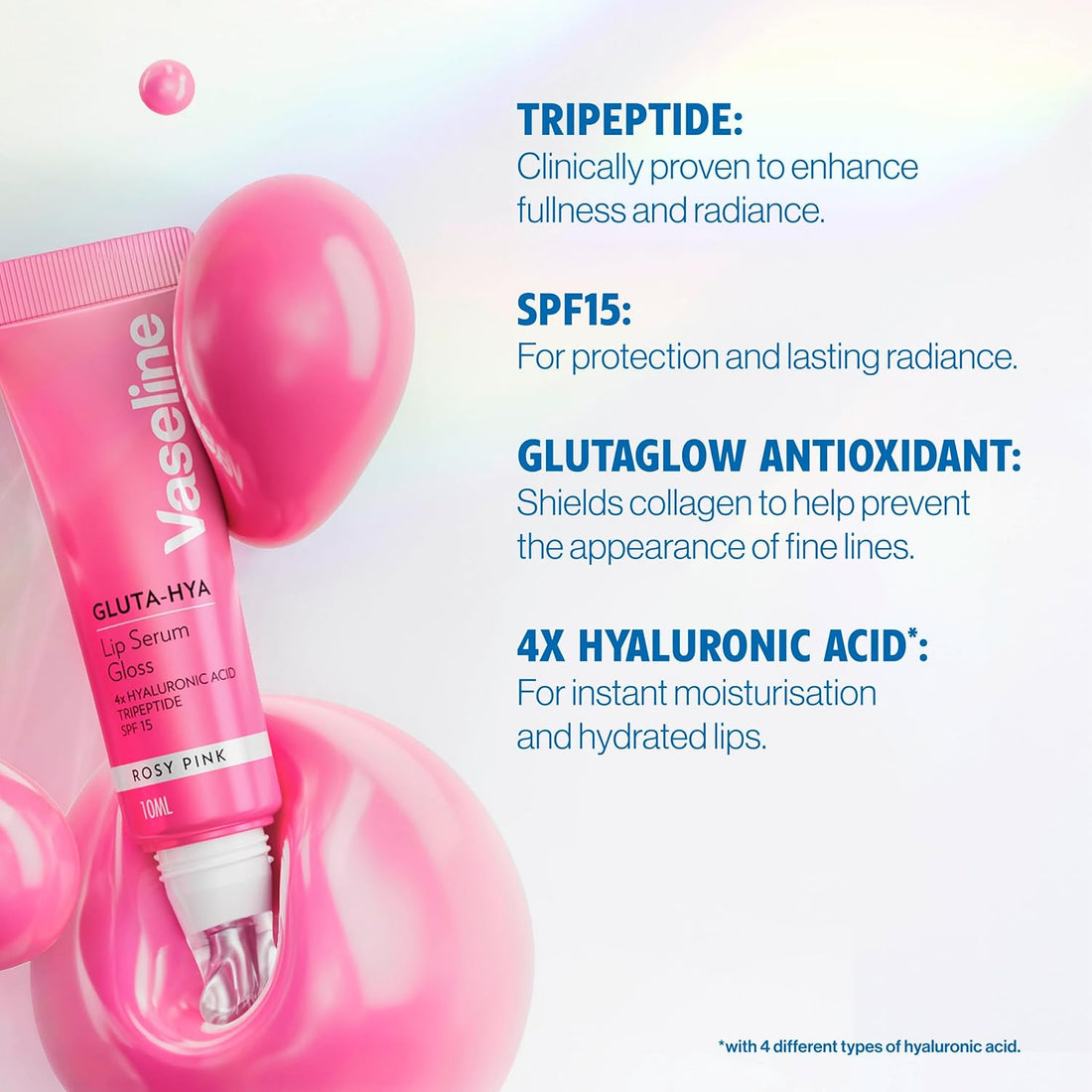 Vaseline Gluta-Hya Rosy Pink Lip Gloss, Serum Lip Care with Hyaluronic Acid and GlutaGlow Technology, Tints, Plumps and Protects with SPF15 for Plump and Dewy Lips 10 ml Halalzen