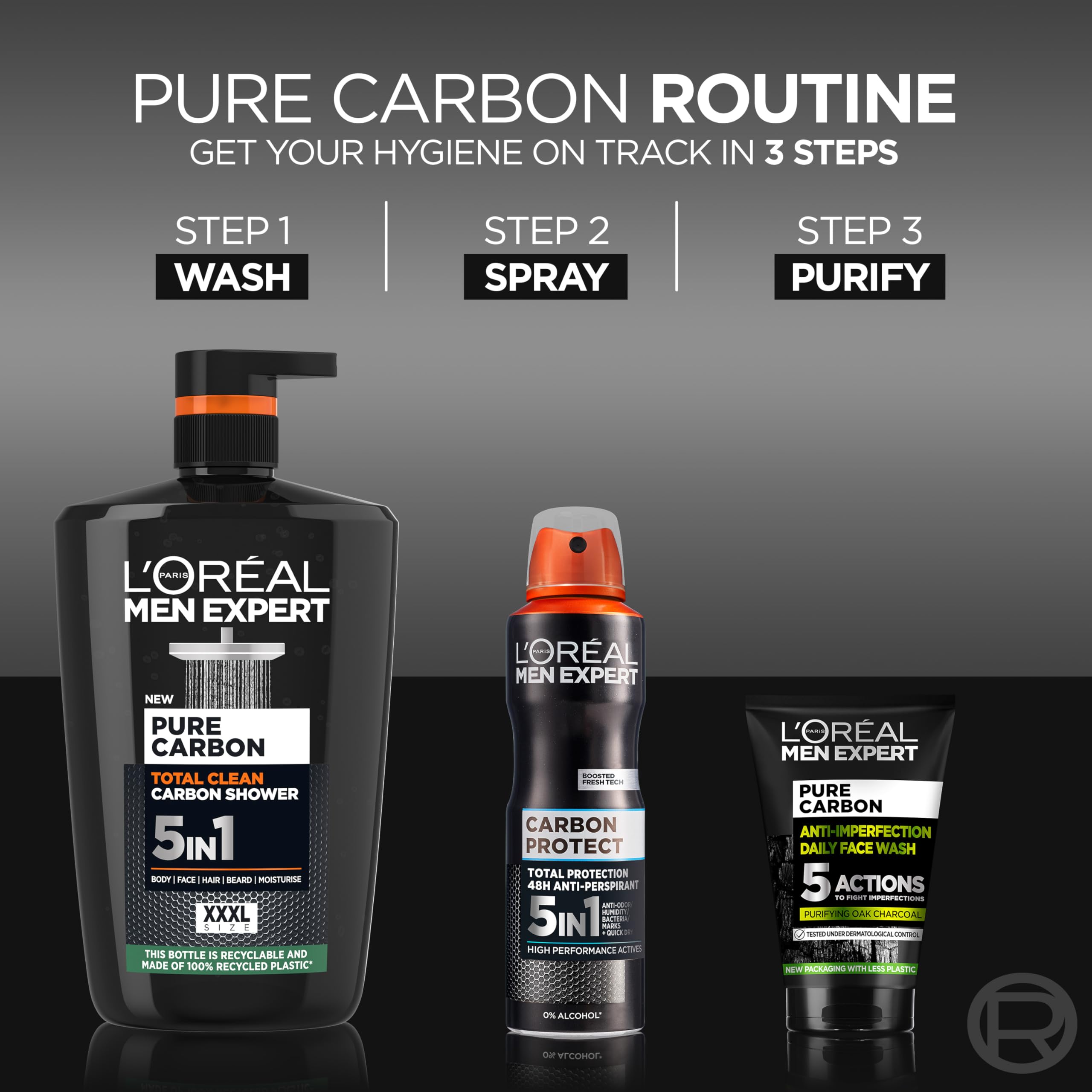L'Oréal Men Expert, Pure Carbon, 5-in-1 XXXL Shower Gel, A Total Action Body, Face, Hair Wash, Shave and Moisturiser Powered By Carbon, Total 5-in-1 Action, Large 1L Pump