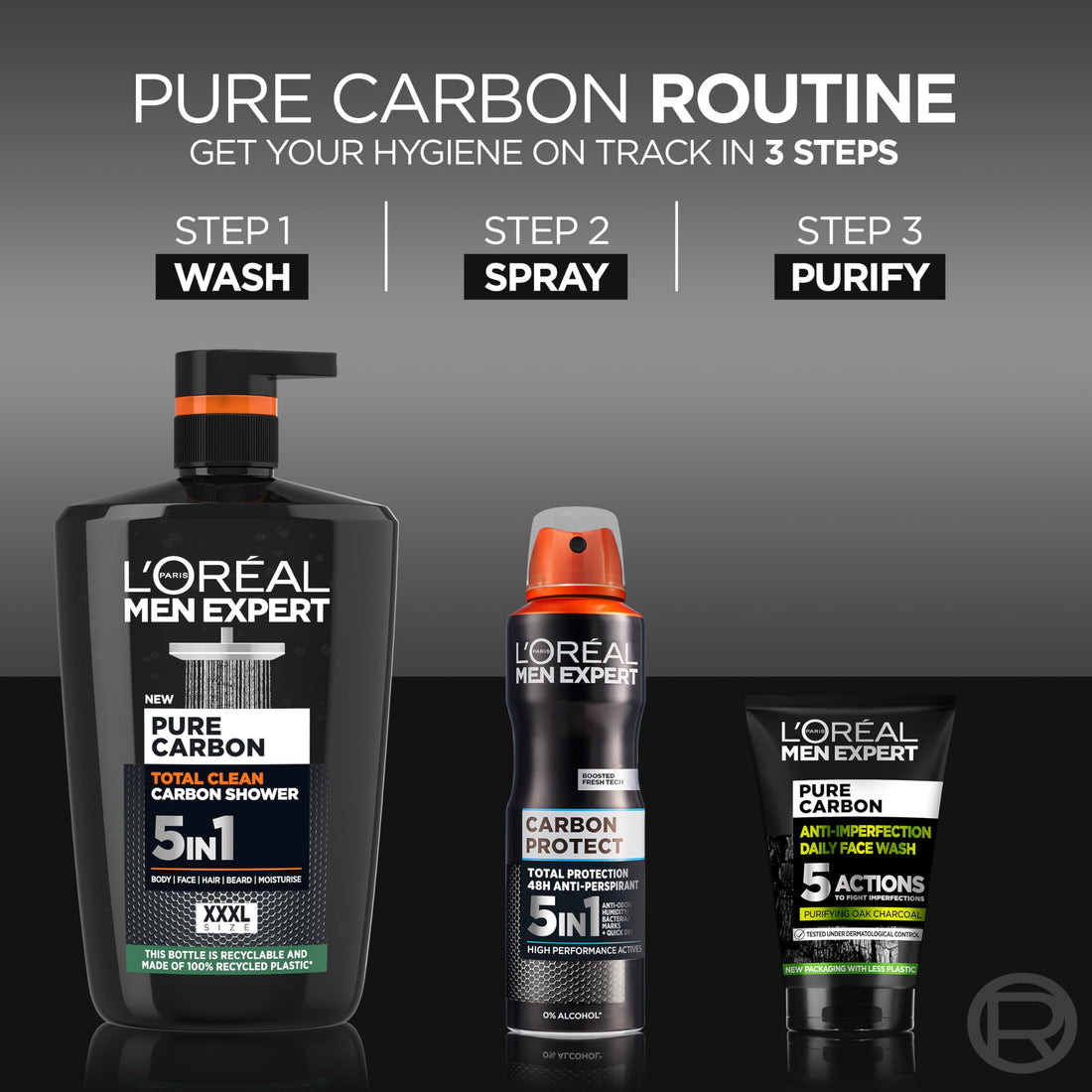 L'Oréal Men Expert, Pure Carbon, 5-in-1 XXXL Shower Gel, A Total Action Body, Face, Hair Wash, Shave and Moisturiser Powered By Carbon, Total 5-in-1 Action, Large 1L Pump