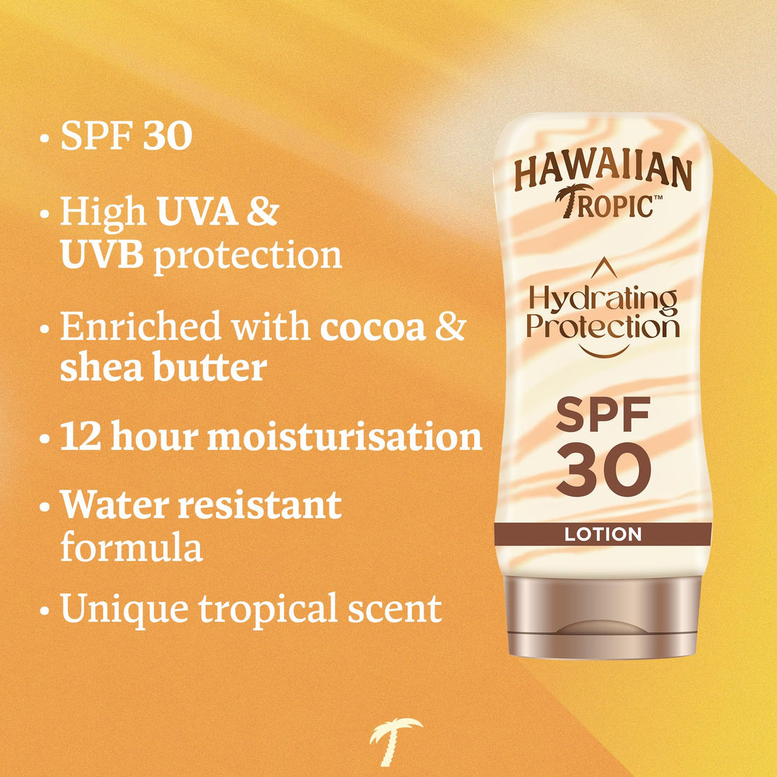 Hawaiian Tropic Hydrating Protection Sunscreen Lotion, Water Resistant SPF 30 UVA Plus UVB Protection Suncream, 12-Hour Moisturising Sun Lotion with Cocoa and Shea Butter, 180 ml