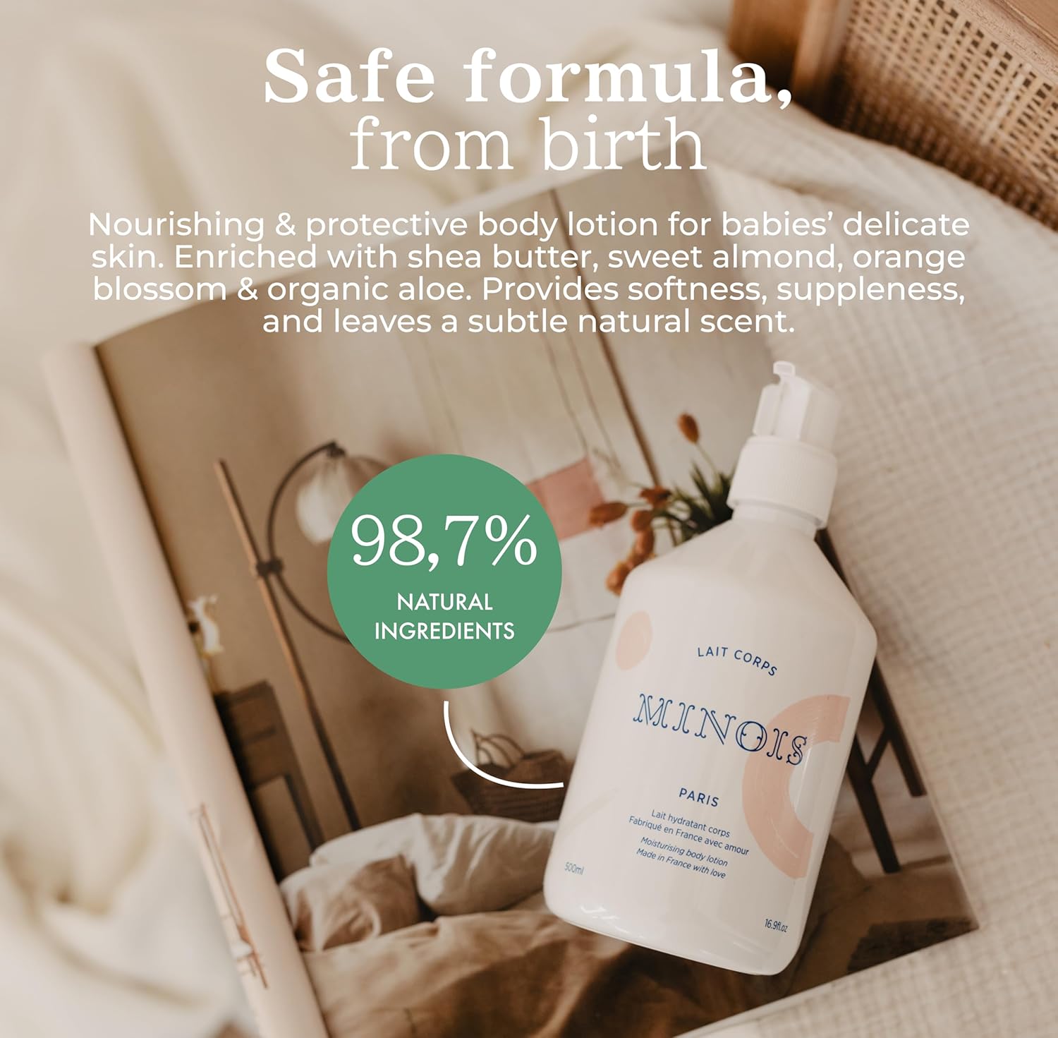 MINOIS PARIS Baby Lotion for Newborn and Kids | Gentle Body Lotion with Aloe Vera, Shea Butter & Almond Oil | Hydrating Non Greasy Baby Moisturizer for Sensitive Skin | Made in France