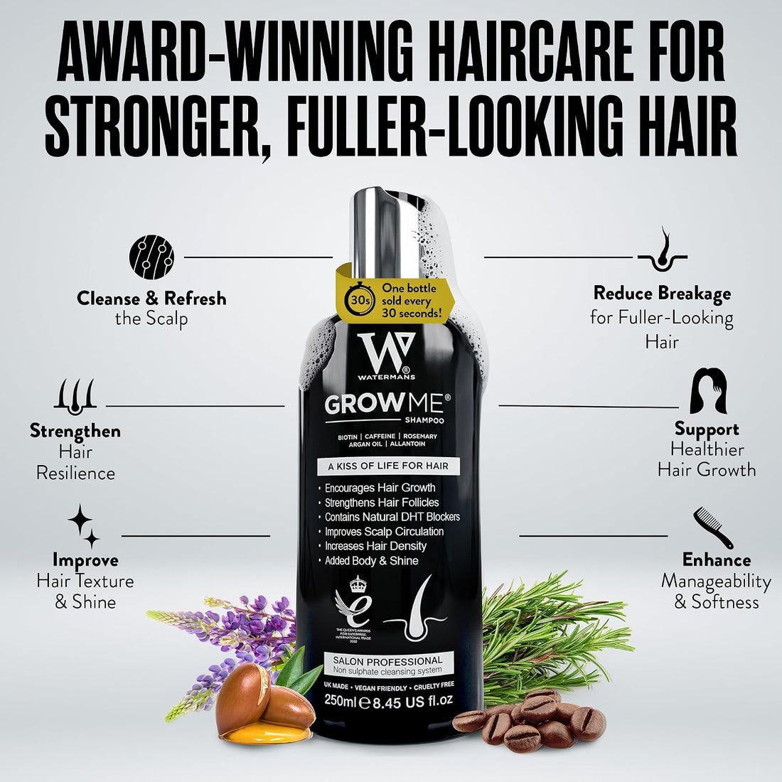 Watermans Grow Me® Hair Growth Shampoo - Not just a Caffeine Shampoo we include Biotin, Argan Oil, Rosemary, Niacinamide. Hair Thickening Treatment for Women & Men with progressed thinning.