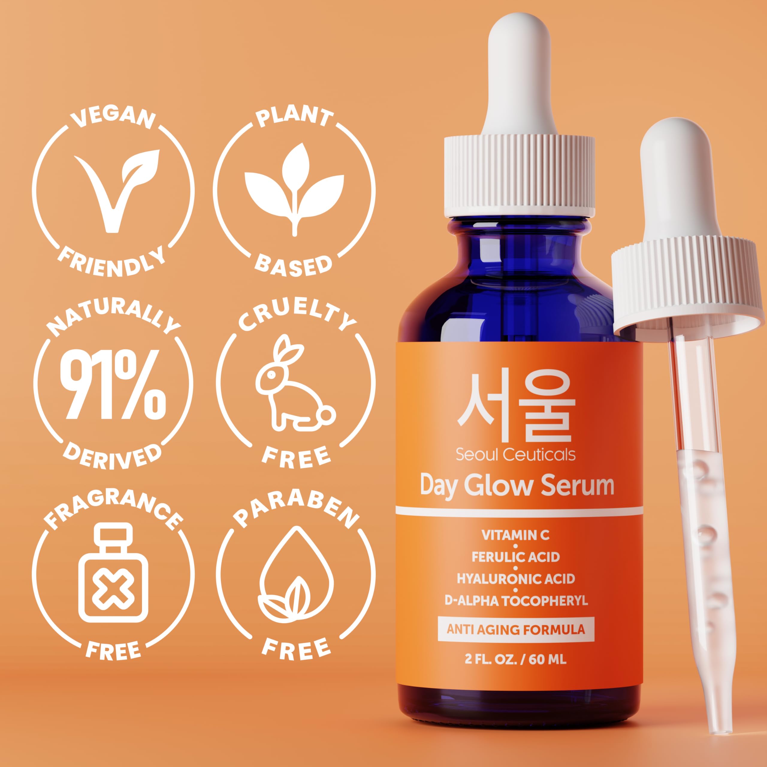SeoulCeuticals Korean Skin Care 20% Vitamin C Hyaluronic Acid Serum + CE Ferulic Acid - Potent Anti Aging, Anti Wrinkle Korean Beauty 1oz Halalzen