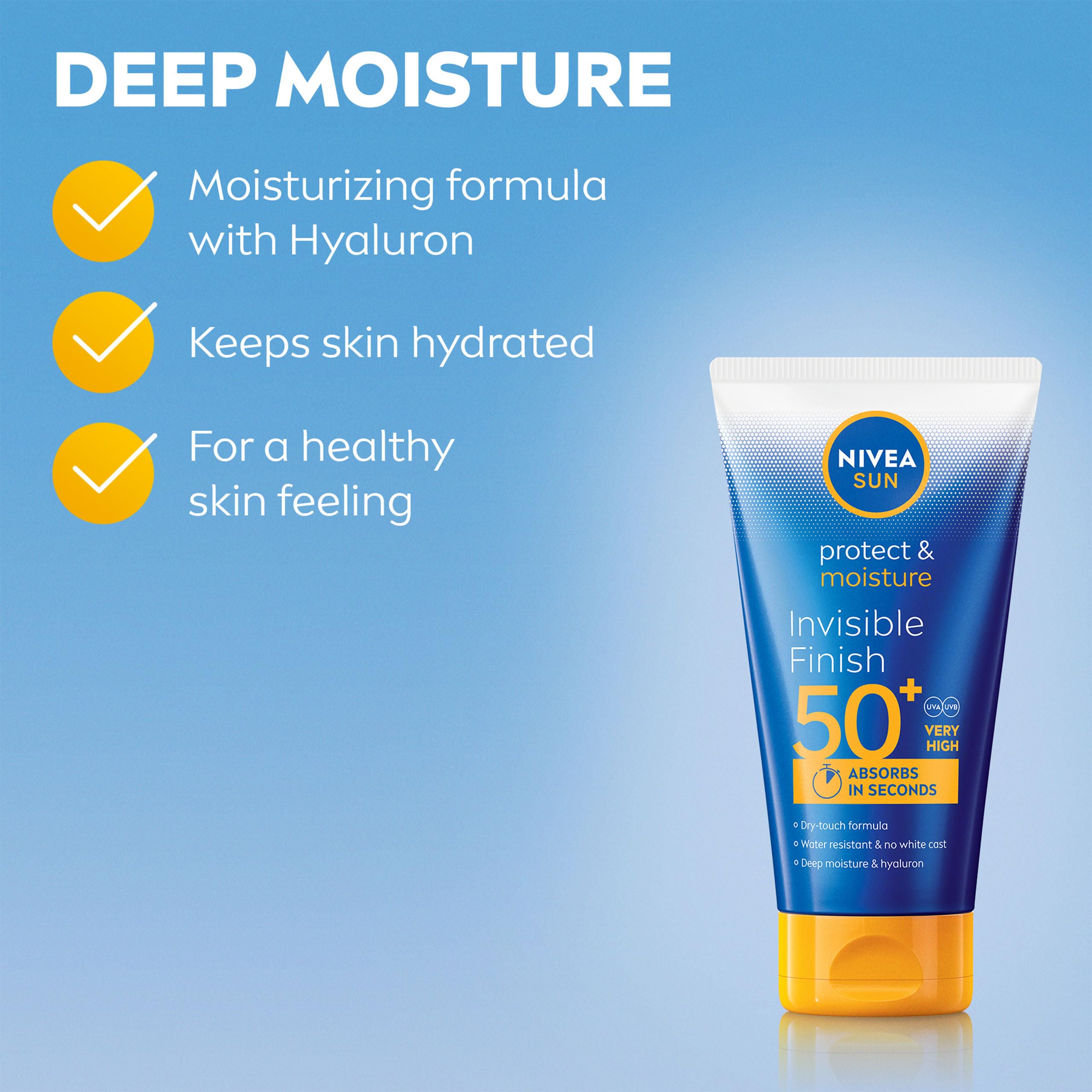 NIVEA SUN Protect & Moisture Invisible Finish Sun Cream SPF50+ (150 ml), Sun Lotion with Vitamin C and Hyaluron, 48H Moisture and Immediate UVA/UVB Protection, No White Cast Ultralight Formula