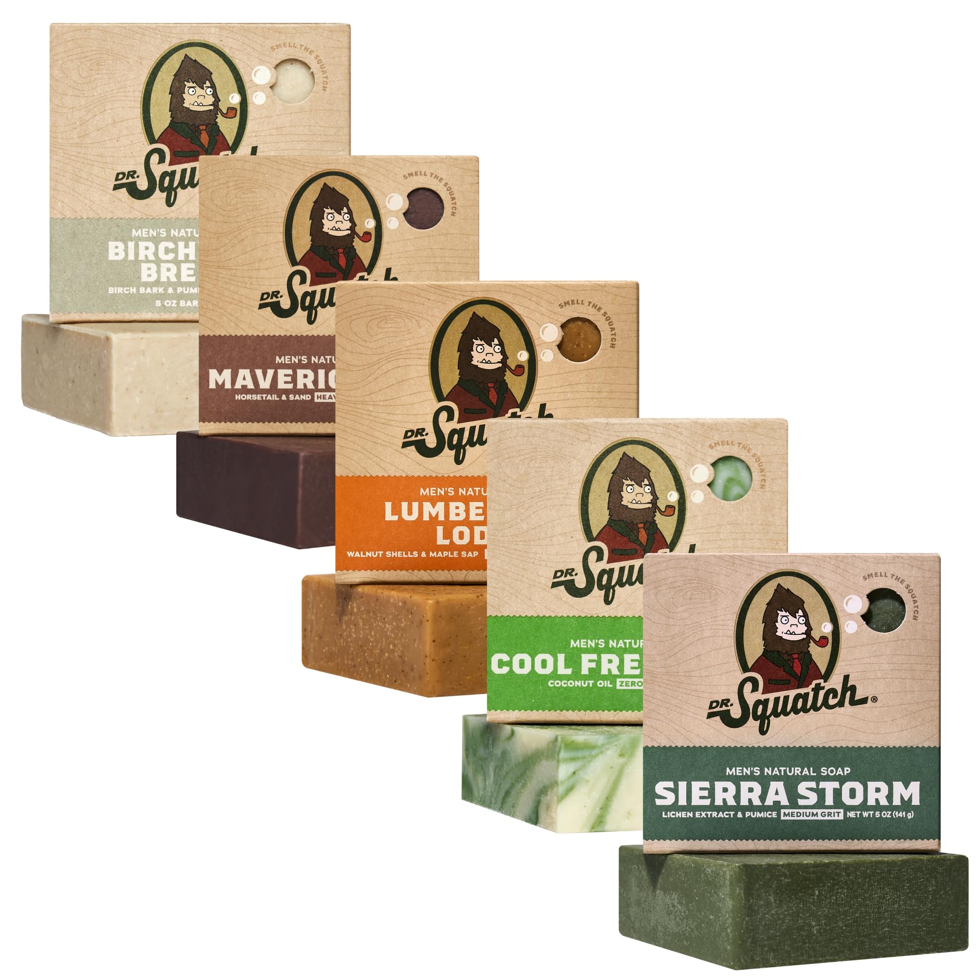 Dr. Squatch Natural Men’s Bar Soap - Cold Process Body Soap Bar with Natural Oils - Gifts for Men - Deep Sea Goat's Milk, Wood Barrel Bourbon, Rainforest Rapids, Alpine Sage & Bay Rum (5 oz, 5-Pack)