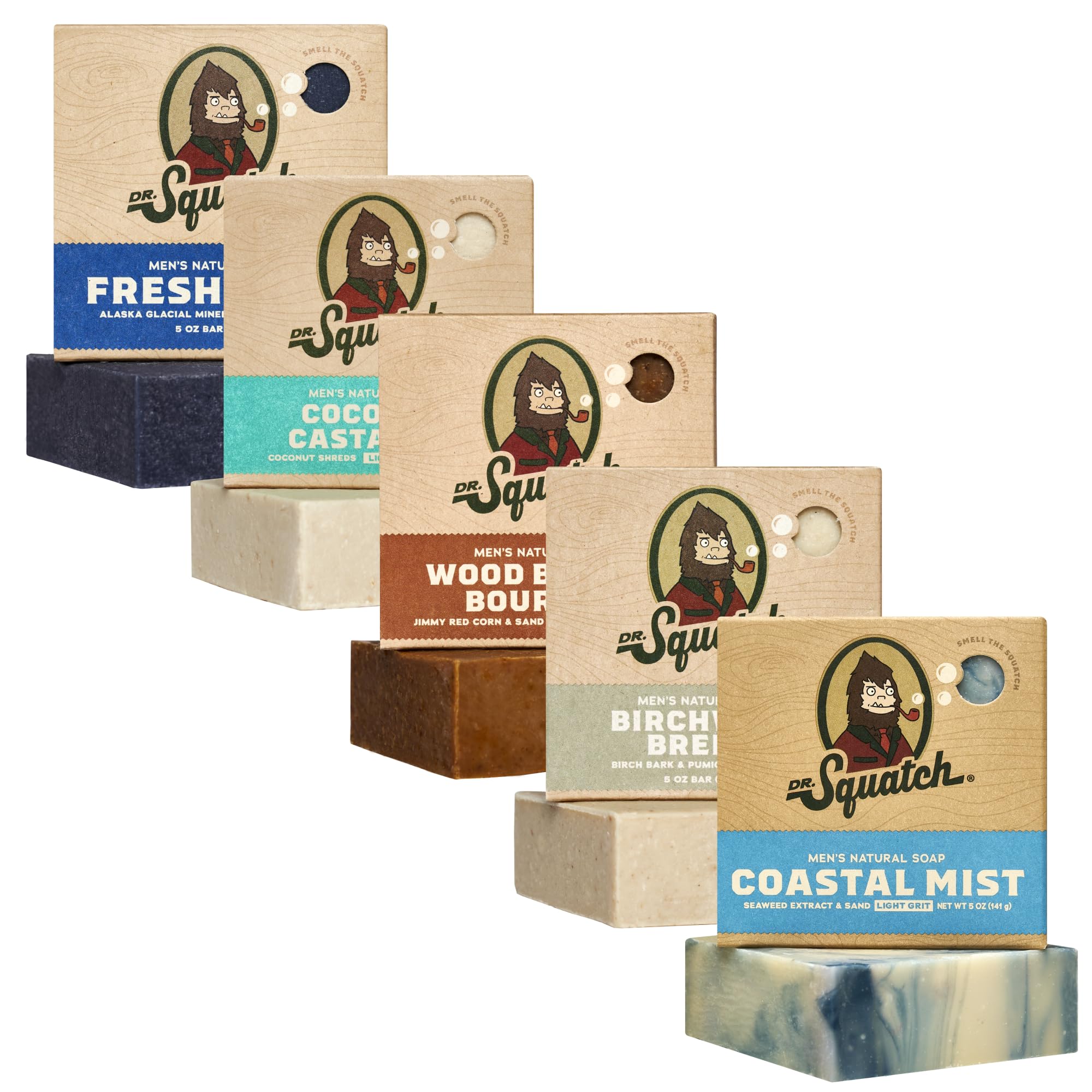 Dr. Squatch Natural Men’s Bar Soap - Cold Process Body Soap Bar with Natural Oils - Gifts for Men - Deep Sea Goat's Milk, Wood Barrel Bourbon, Rainforest Rapids, Alpine Sage & Bay Rum (5 oz, 5-Pack)