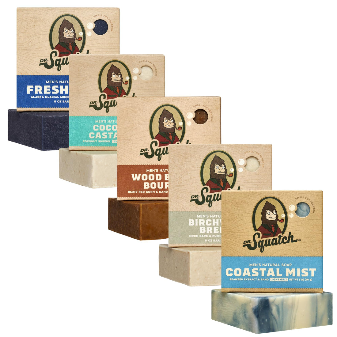 Dr. Squatch Natural Men’s Bar Soap - Cold Process Body Soap Bar with Natural Oils - Gifts for Men - Deep Sea Goat's Milk, Wood Barrel Bourbon, Rainforest Rapids, Alpine Sage & Bay Rum (5 oz, 5-Pack)