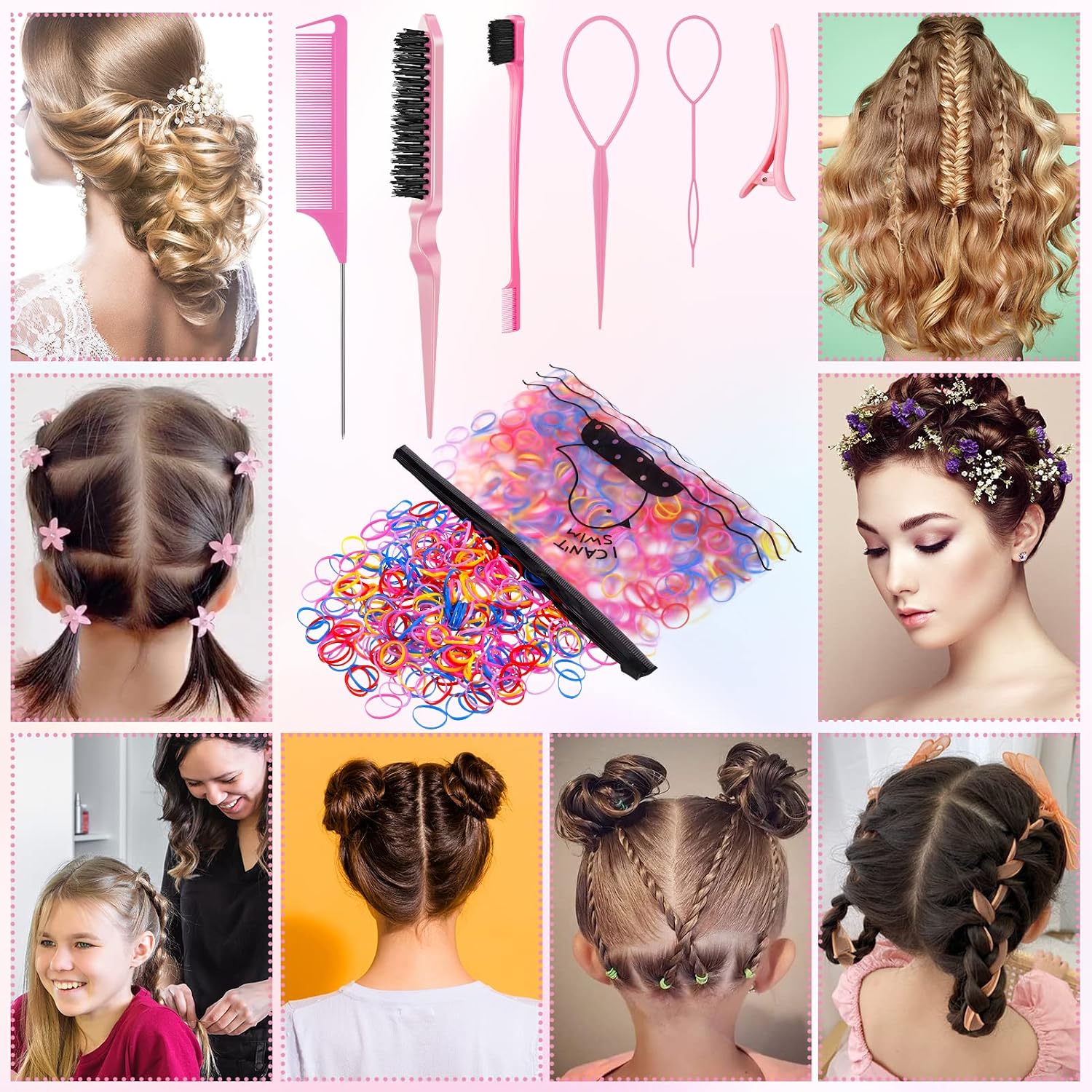 SOSPIRO 1000pcs Elastic Hair Bands with 10pcs Clips, 3pcs Brush, 2pcs Topsy Tail Tool, Colorful Rubber Ties & Braiding Accessories for Kids & Women's Hair Styling Halalzen