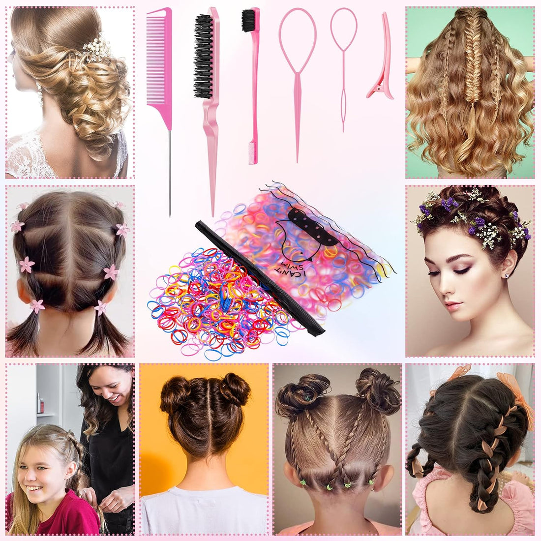 SOSPIRO 1000pcs Elastic Hair Bands with 10pcs Clips, 3pcs Brush, 2pcs Topsy Tail Tool, Colorful Rubber Ties & Braiding Accessories for Kids & Women's Hair Styling Halalzen