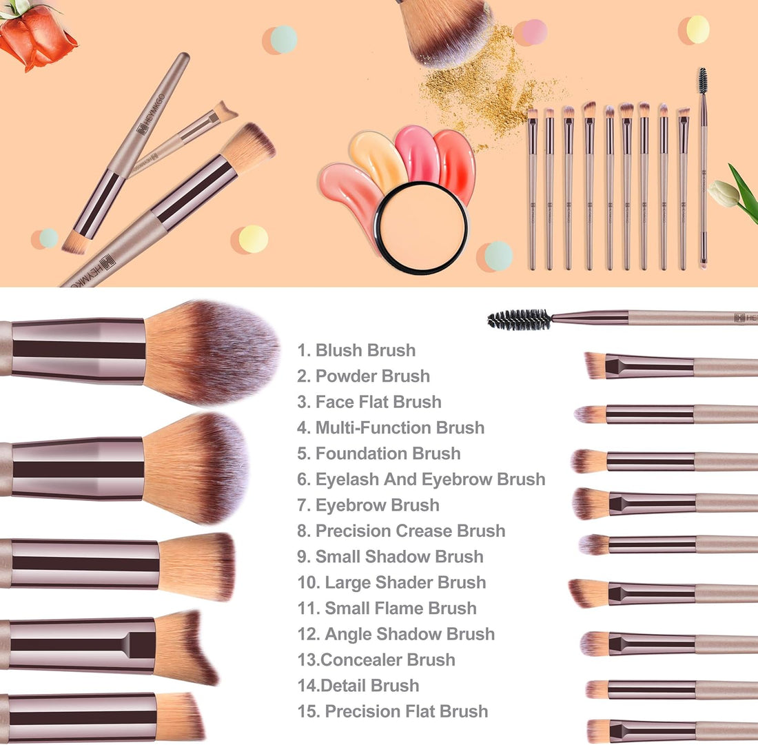 HEYMKGO Makeup Brushes, 15 Pcs Make Up Brushes Set Professional Champagne Gold Makeup Brush Pack, Foundation Blending Powder Blush Concealers Eyeshadow Eyeliner Make-up Brush Kits with Cosmetics Bag Halalzen
