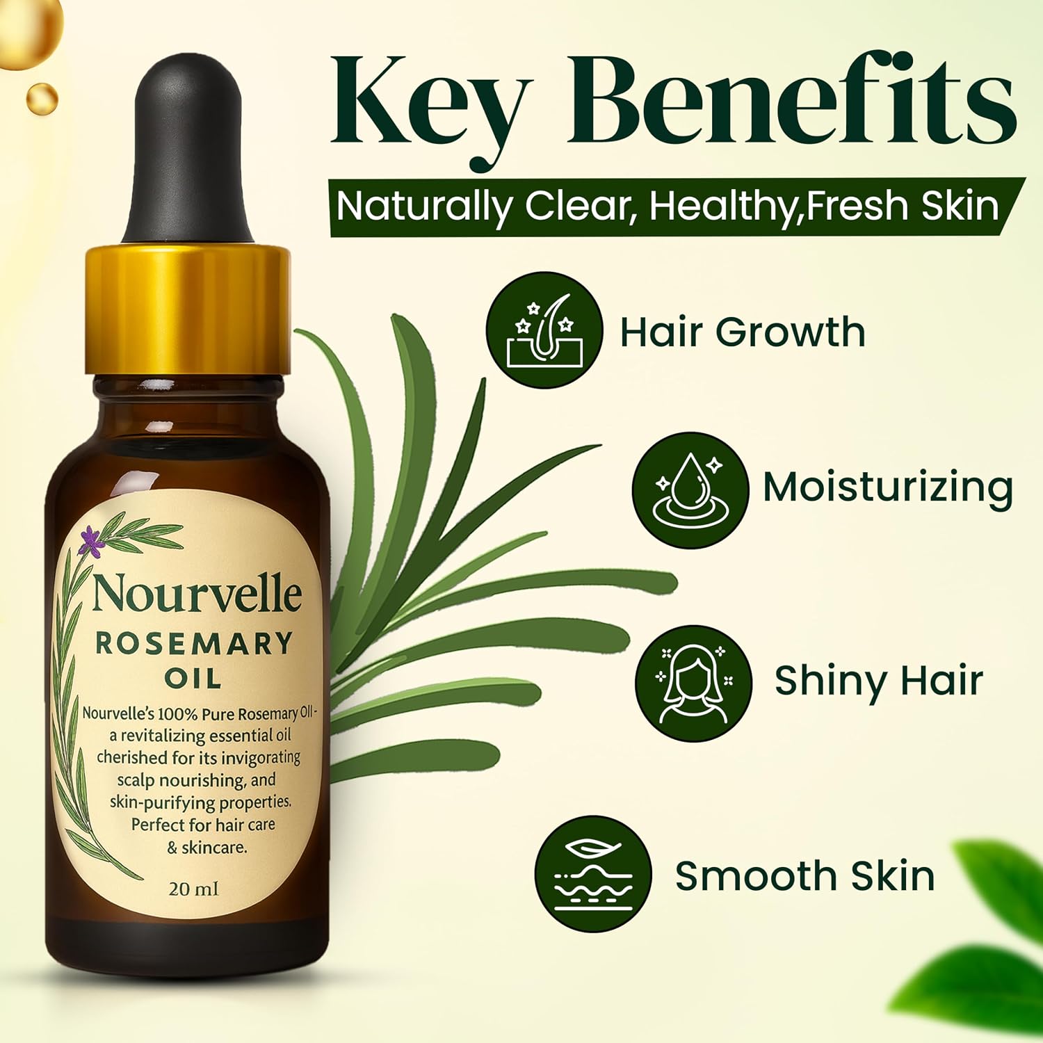 Pure Rosemary Essential Oil for Hair Growth & Scalp Health -100% Natural Undiluted Oil for Hair Loss, Skin Care & Aromatherapy - 20ml