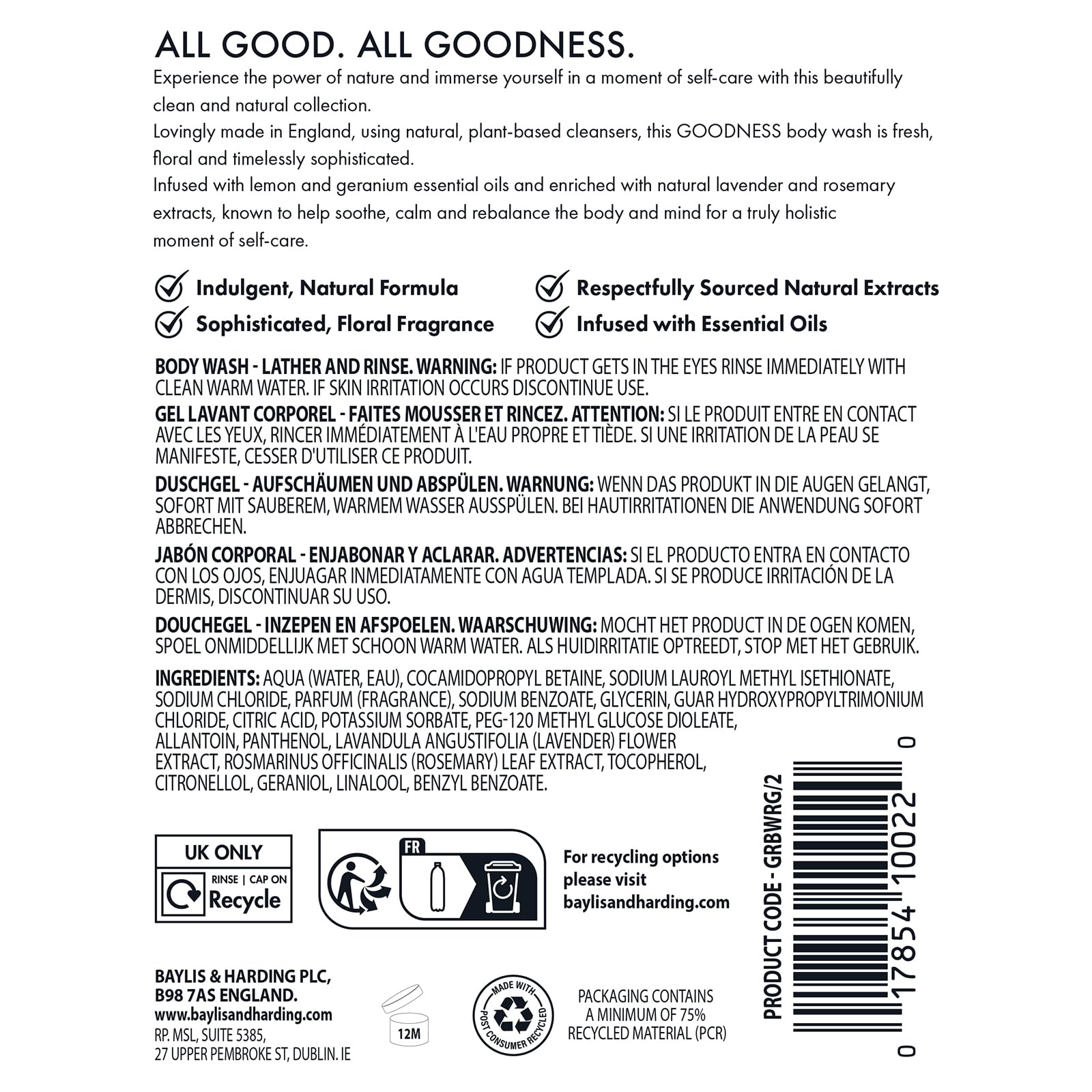 Baylis & Harding Goodness Rose & Geranium Natural Body Wash, 500 ml (Pack of 3) - Vegan Friendly