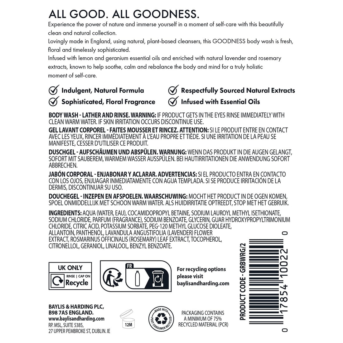 Baylis & Harding Goodness Rose & Geranium Natural Body Wash, 500 ml (Pack of 3) - Vegan Friendly